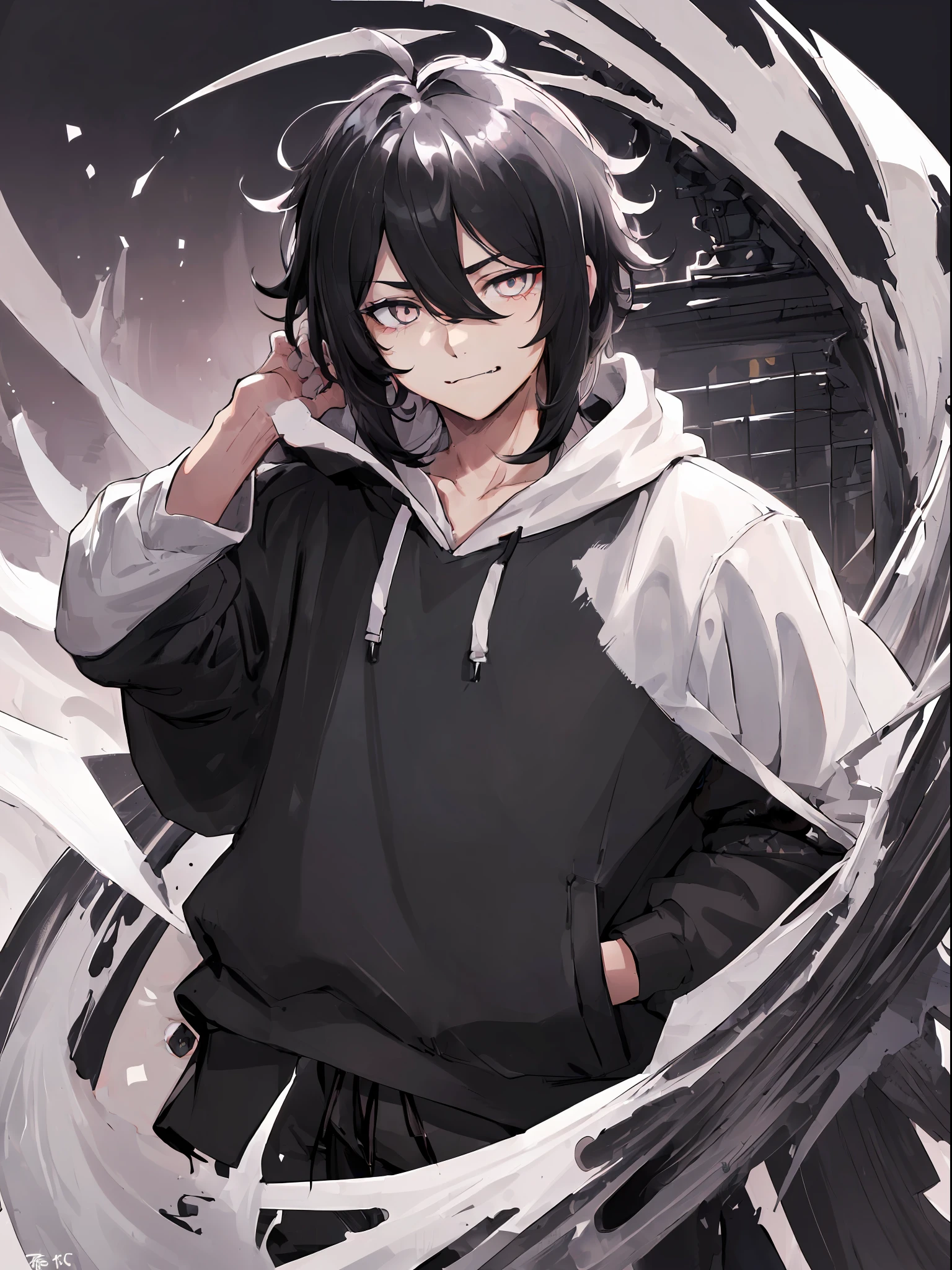 ((highest quality, masterpiece, 4k, finely detailed, detailed eyes, detailed face, gelbooru, pixiv)), warm lighting, ((solo)), 1 male, handsome, masculine, adult male, broad shoulders, closeup of face, ((black chin hair)), portrait, grinning with fangs, looking at viewer, ((lazy eyes, half-lidded, tired eyes, eyebags under eyes, black eyes with white pupils)), wearing modern clothing, hoodie with a logo, sweatpants, standing, hands in pockets, ((black hair, medium length hair, shaggy hairstyle, messy hair)), city background