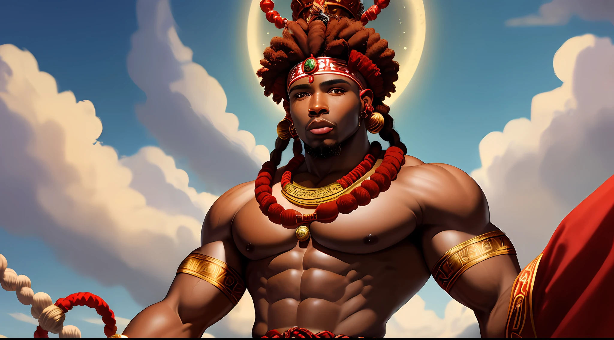 African god Shango with braided hair and muscular body, red and white Yoruba garb, wearing an African king's crown, seeking guidance from a spirit guide