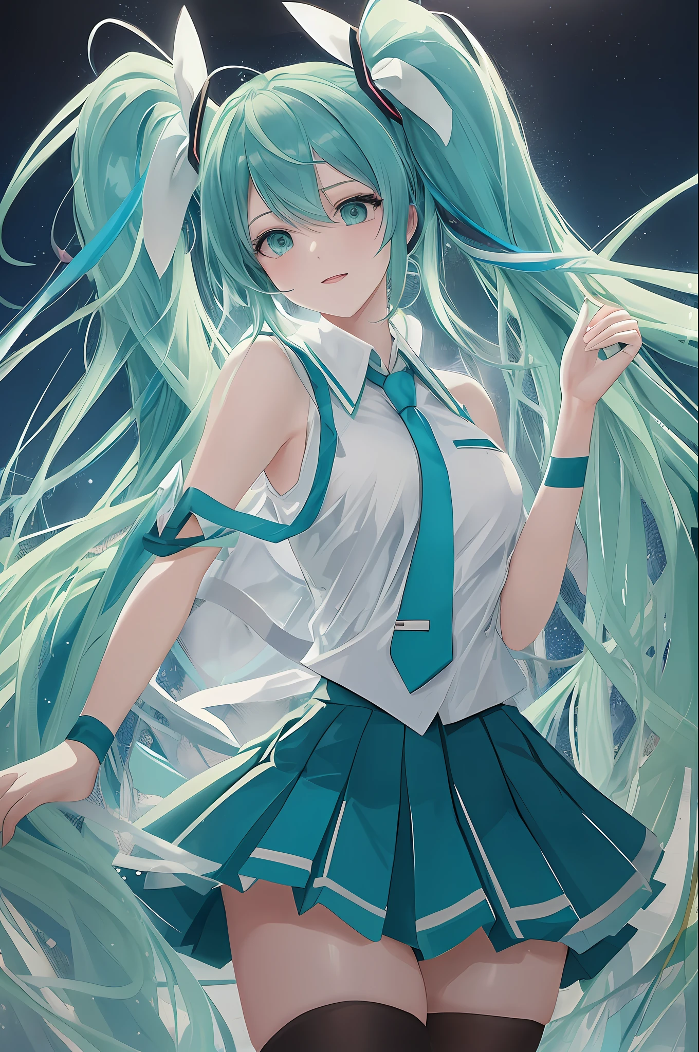 extremely detailed, stunningly beautiful CG illustration of Hatsune Miku with her signature teal hair and big, bright green eyes, wearing her iconic schoolgirl outfit with a white sailor top, black necktie, pleated skirt, and thigh-high stockings, in a lively and colorful concert scene surrounded by a sea of glow sticks, pulsing lights and thunderous cheers from adoring fans.