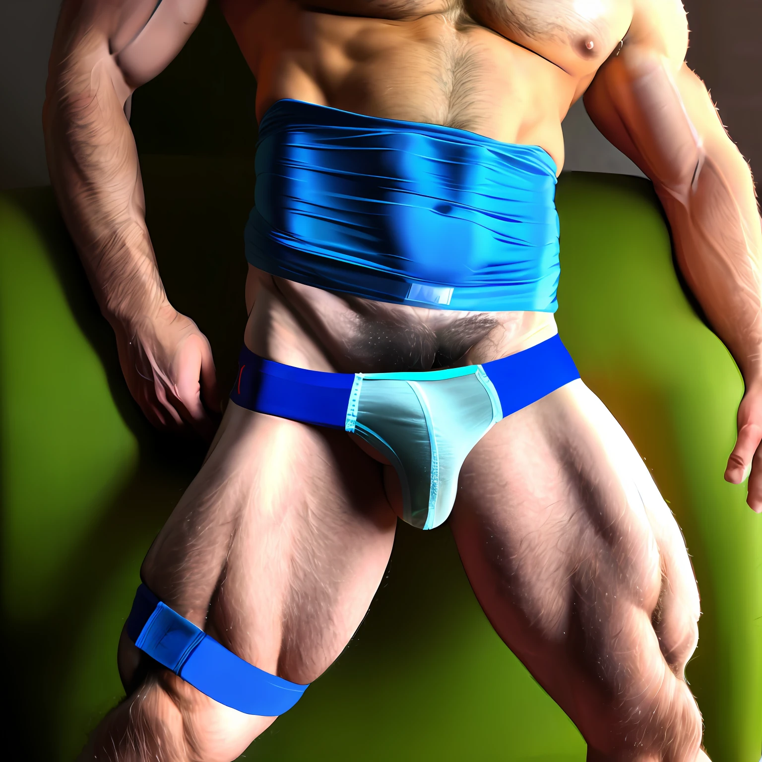 Muscular hairy man wearing see through jockstrap, large bulge