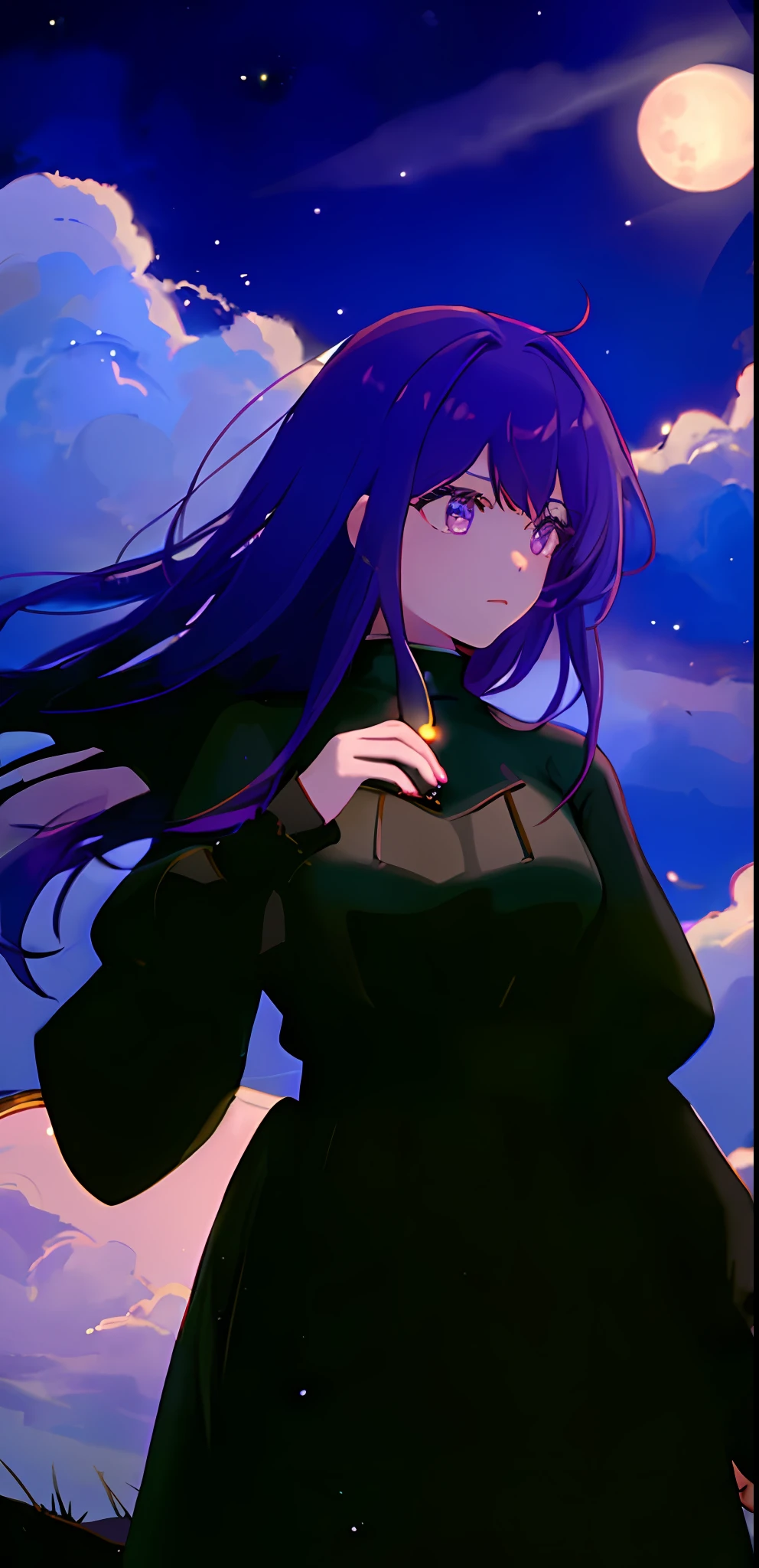 masterpiece, best quality, night, hill, clouds, full moon, long hair, woman, silhouette, fireflies, highres, purple hair, 1girl, solo.