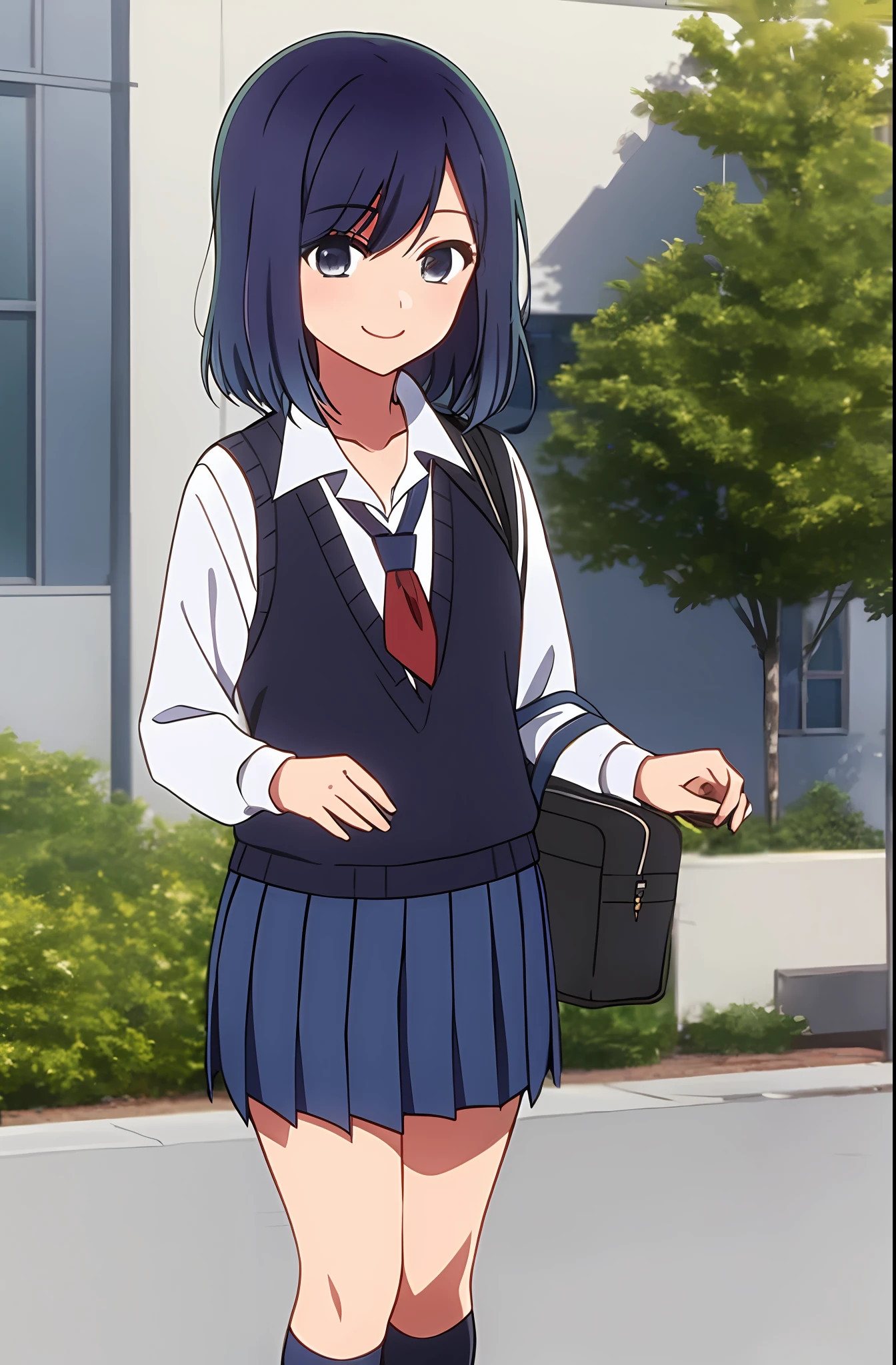 masterpiece, best quality, kurokawa_akane, closed_mouth, collarbone, school_uniform, looking_at_viewer, neckerchief, outdoors, sailor_collar, school_uniform, serafuku, smile, solo, upper_body, Vest school uniform, vest uniform, school, japenese school uniform vest,