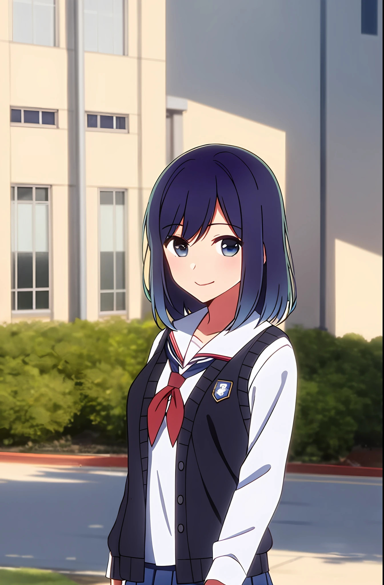 masterpiece, best quality, kurokawa_akane, closed_mouth, collarbone, school_uniform, looking_at_viewer, neckerchief, outdoors, sailor_collar, school_uniform, serafuku, smile, solo, upper_body, Vest school uniform, vest uniform, school, japenese school uniform vest,