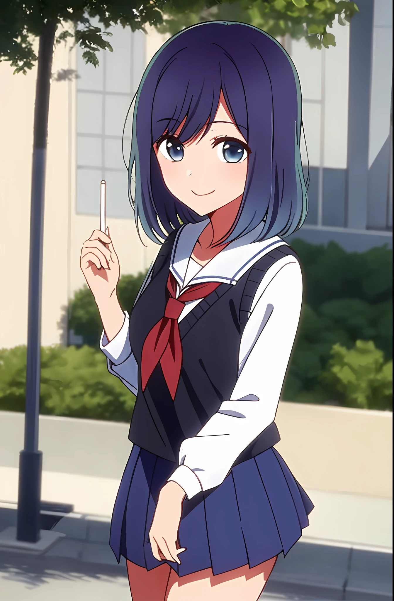 masterpiece, best quality, kurokawa_akane, closed_mouth, collarbone, school_uniform, looking_at_viewer, neckerchief, outdoors, sailor_collar, school_uniform, serafuku, smile, solo, upper_body, Vest school uniform, vest uniform, school, japenese school uniform vest,