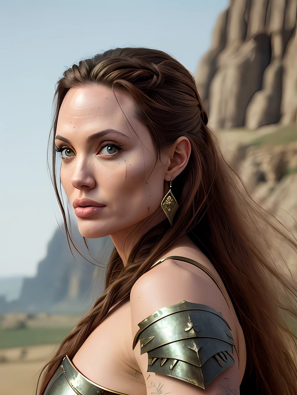 A photorealistic portrait of a warrior Angelina Jolie with long windy messy red hair, in a scene of Conan The Barbarian, wearing warrior clothes and a sword, with a battlefield as the background, a medieval movie still in the style of Zack Snyder, grotesque, fierce, tumblr contest winner, hurufiyya, renaissance painting, very strong but feminine, movie still, cinematic lighting. photograph, detailed symmetric realistic face, extremely detailed natural texture, peach fuzz, long hair, masterpiece, absurdres, nikon d850 film stock photograph, kodak portra 400 camera f1.6 lens, extremely detailed, amazing, fine detail, hyper realistic lifelike texture, dramatic lighting, unrealengine, trending on artstation, cinestill 800 tungsten, looking at the viewer, photo realistic, RAW photo, TanvirTamim, high quality, highres, sharp focus, extremely detailed, cinematic lighting, 8k uhd,-imagine-