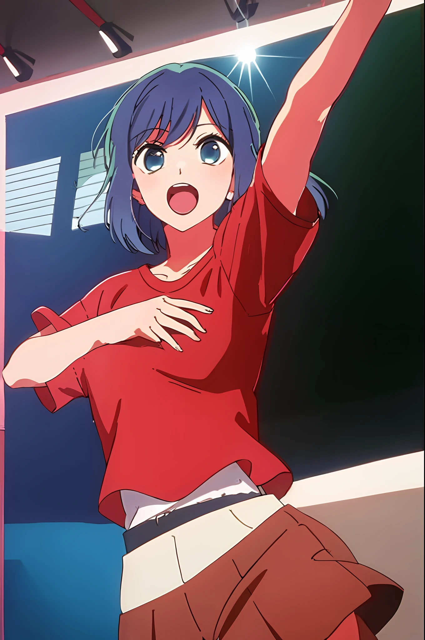 masterpiece, best quality, kurokawa_akane, 1girl, solo, open_mouth, shirt, collarbone, upper_body, short_sleeves, teeth, hand_on_own_chest, t-shirt, red_shirt, stage, concert