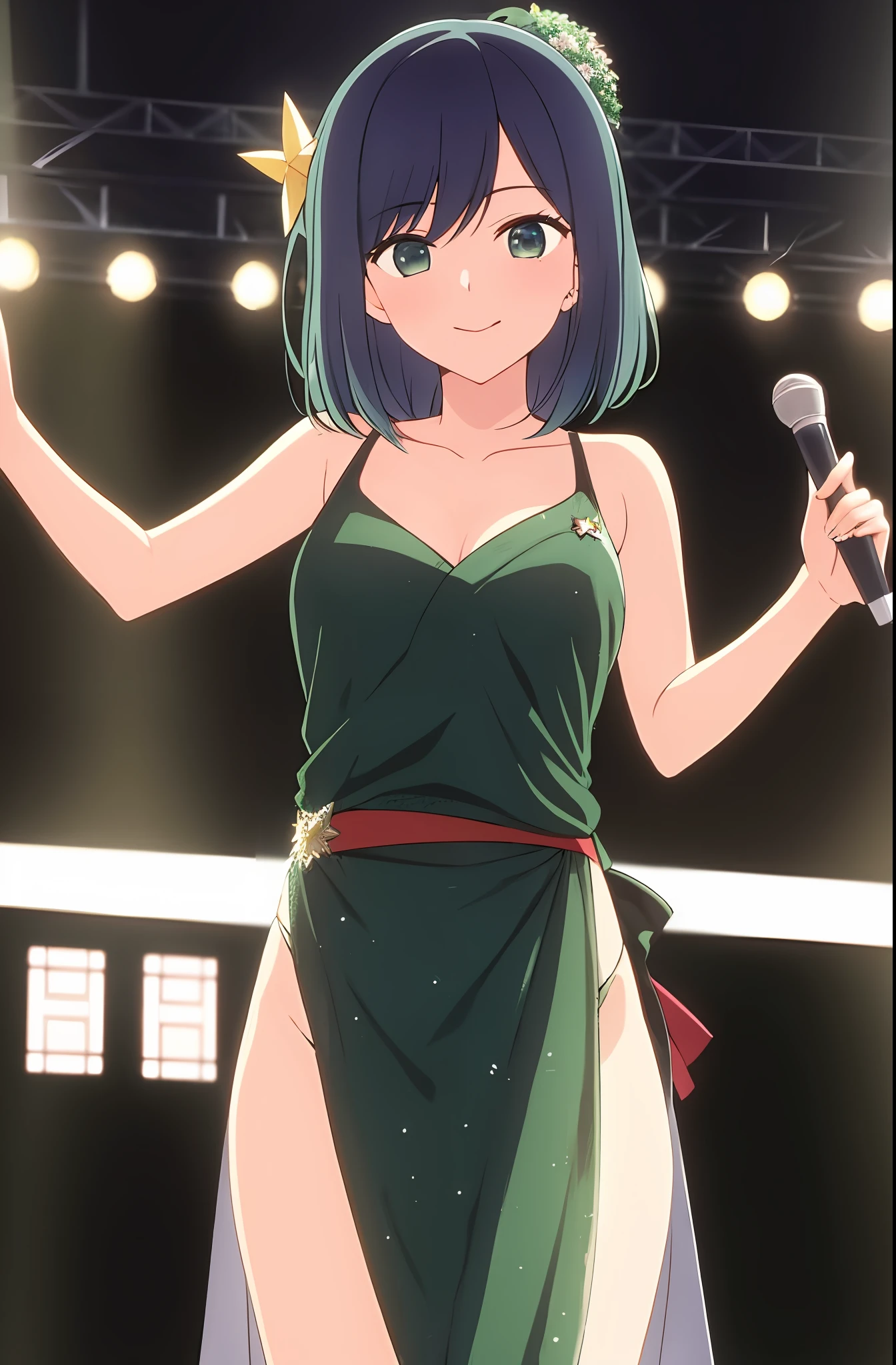 masterpiece, best quality, kurokawa_akane, closed_mouth, collarbone, smile, solo, upper_body, idol drama, drama costume, on stage costume, star eyes green,