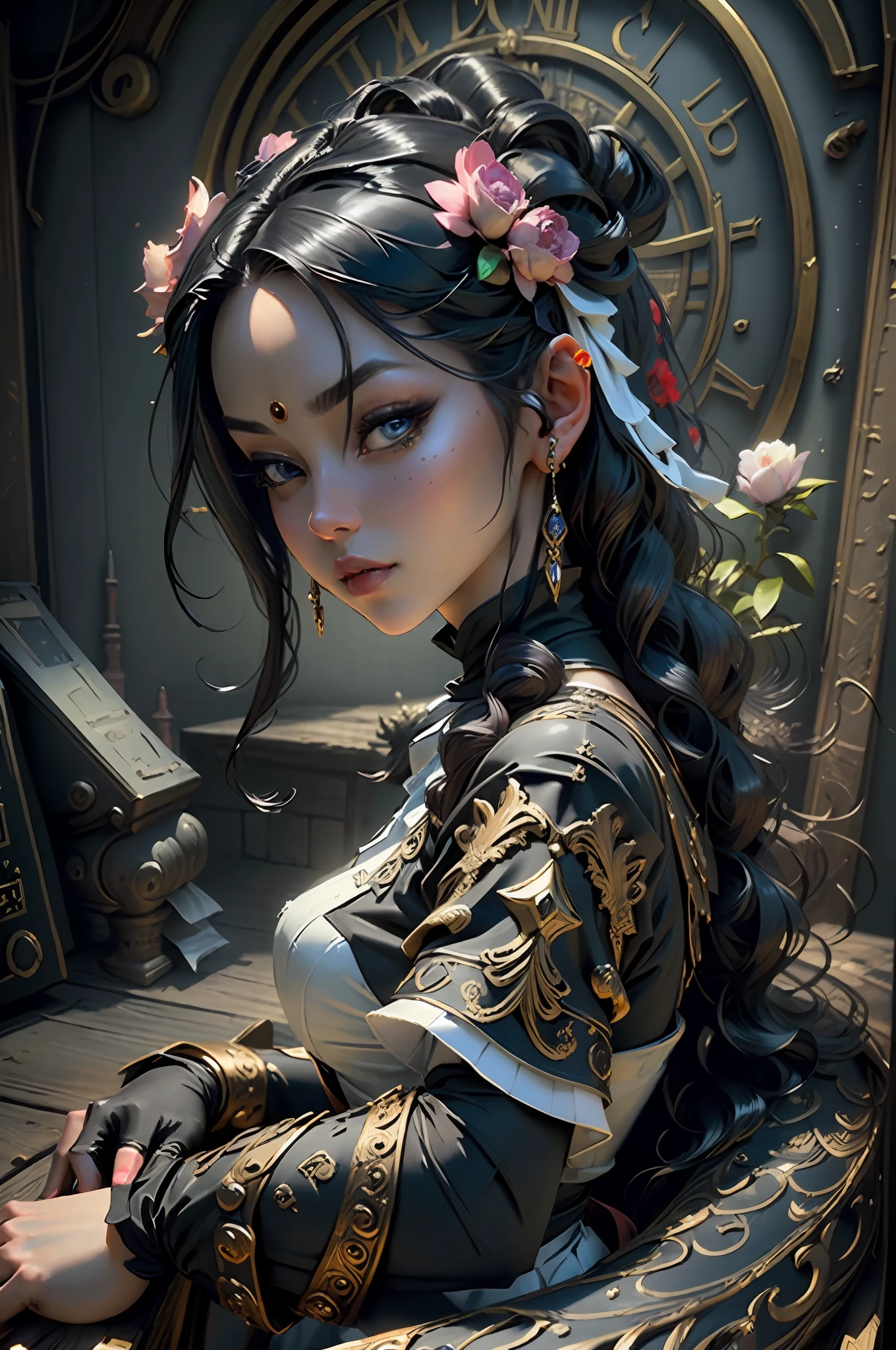 "((Best quality)), ((masterpiece)), (highly detailed:1.3), 3D, goddess woman (FANTASY:1.3), woman dressed as maid sexy clothes long black hair looking at camera".
