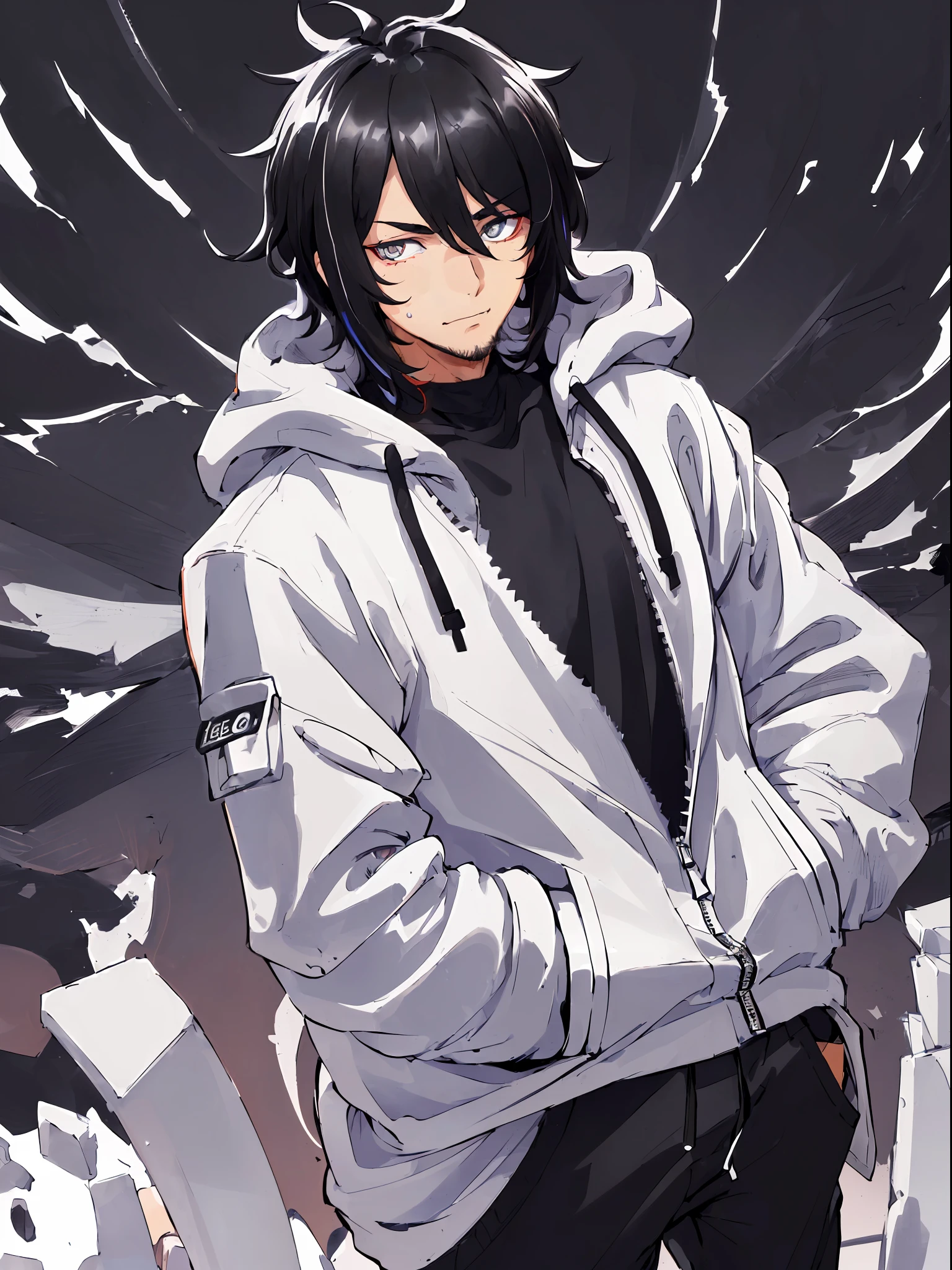 ((highest quality, masterpiece, 4k, finely detailed, detailed eyes, detailed face, gelbooru, pixiv)), warm lighting, ((solo)), 1 male, handsome, masculine, adult male, broad shoulders, closeup of face, ((black chin hair)), portrait, grinning with fangs, looking at viewer, ((lazy eyes, half-lidded, tired eyes, eyebags under eyes, black eyes with white pupils)), wearing modern clothing, ( BLACK hoodie with WHITE sleeves and a logo on chest, sweatpants), ((standing, hands in pockets, dynamic pose)), ((black hair, medium length hair, shaggy hairstyle, messy hair)), city background, popping colors, expressive colors, intense colors,