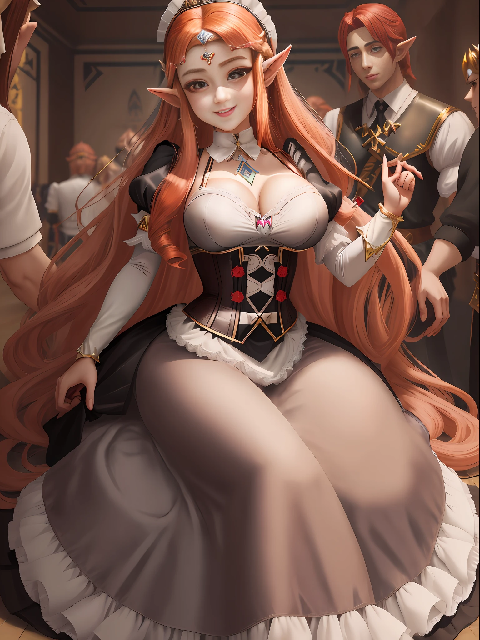 ((Princess Zelda in a maid outfit and several men around her)) within one meter, Anime style, masterpiece, maximum quality, maximum resolution, maximum sharpness. She has huge breasts, red hair, light brown eyes, is smiling, and her clothes are black shirt with white shot and white corset.