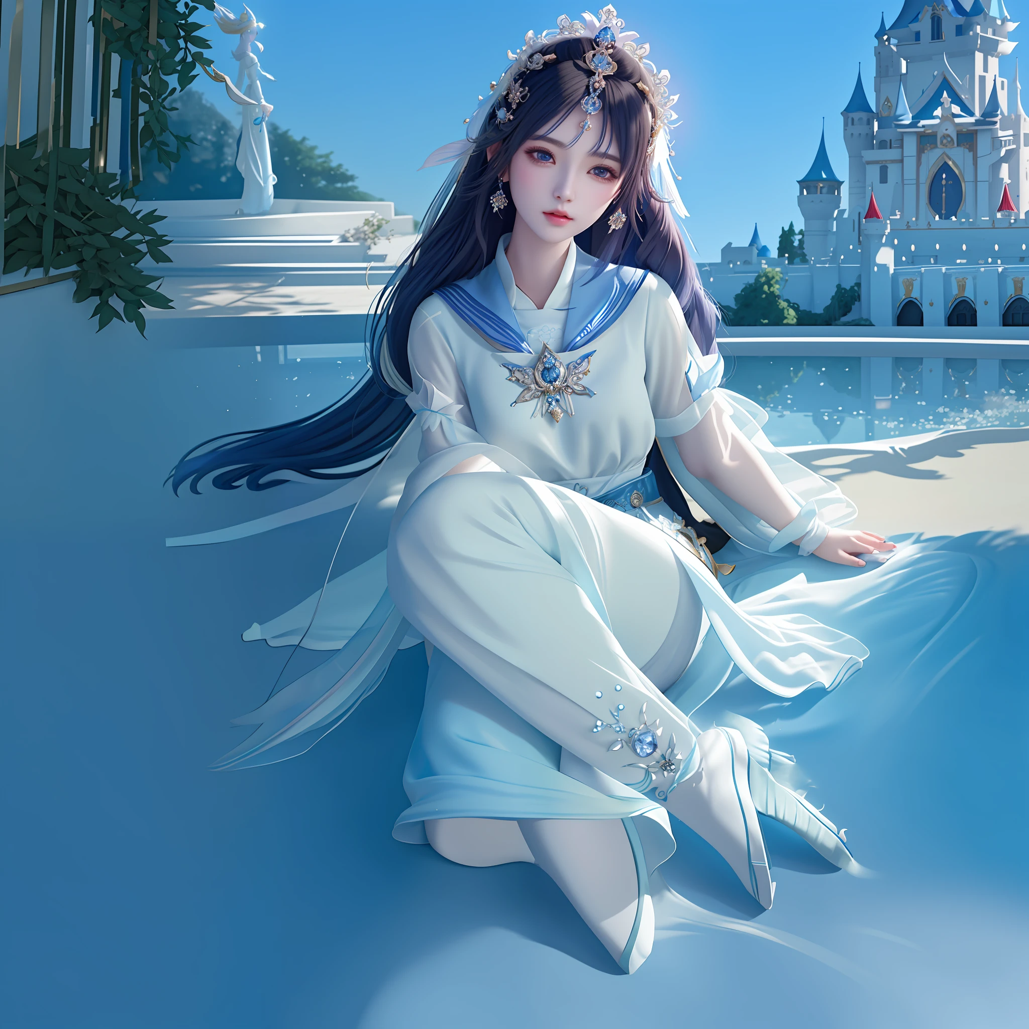 The image of Alafard of a woman in blue jeans, wearing a headdress, a castle, a girl in a white chiffon shirt, a beautiful fantasy princess, beautiful figure painting, Yang J, a beautiful digital artwork, ((a beautiful fantasy princess)), popular on cgstation, by Fan Qi, inspired by Lan Ying, inspired by Qiu Ying.