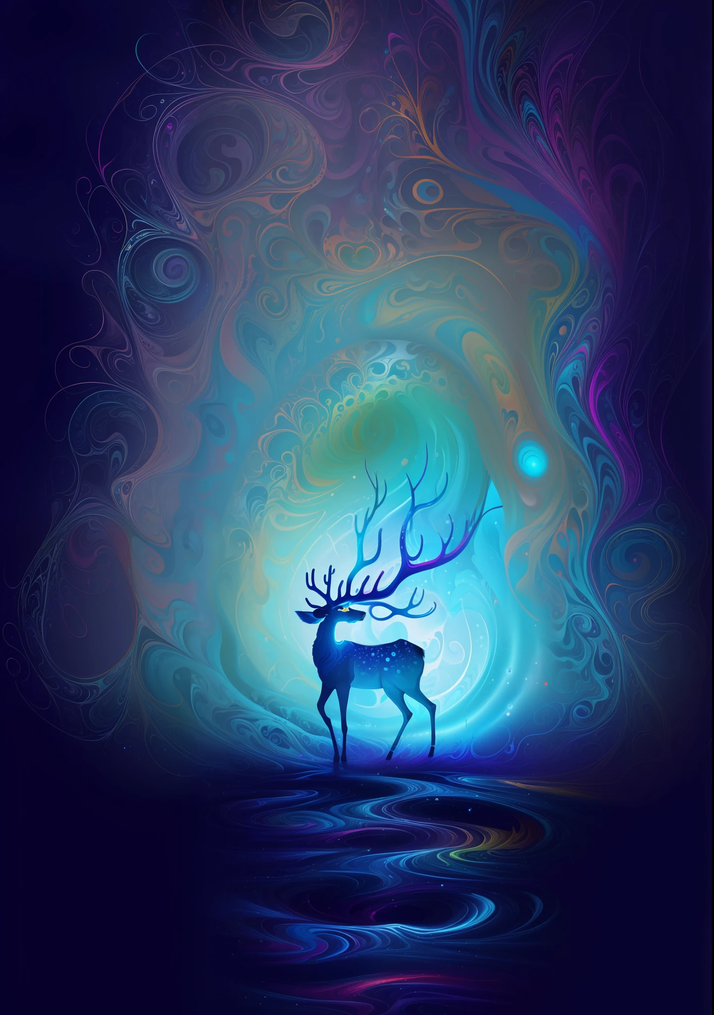 (Psychedelic painting of a deer standing in front of a colorful swirl), ((multiple antlers, stag, big head)), bright colors, thick lines, waves, multiple layers, foreground, perspective, fractal Thunder Dan Mumford , Dan Mumford and Alex Gray style, psychedelic surreal art, surreal psychedelic design, dream art style, illusion psychedelic art, infinite psychedelic waves, inspired by Cyril Rolando Rolando), realistic ripple structure, psychedelic art style, psychedelic art, psychedelic illustration -- V6