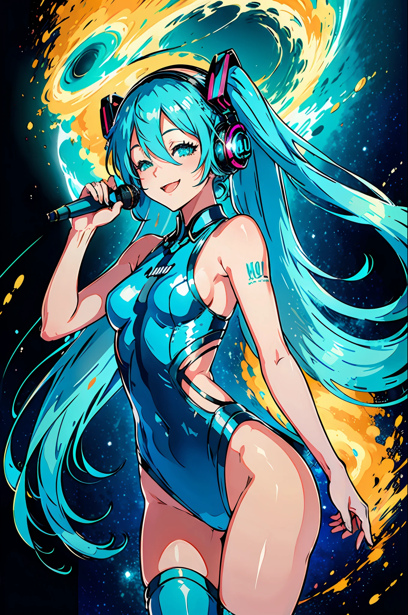 Hatsune Miku, (((masterpiece))), ultra-detailed, High resolution, dynamic angle and pose, (1girl),(turquoise hair), singing, stage outfit, microphone, headphones, (Nebula|Galaxy) backdrop, bright lights, glow, (smiling face|winking), energetic performance.