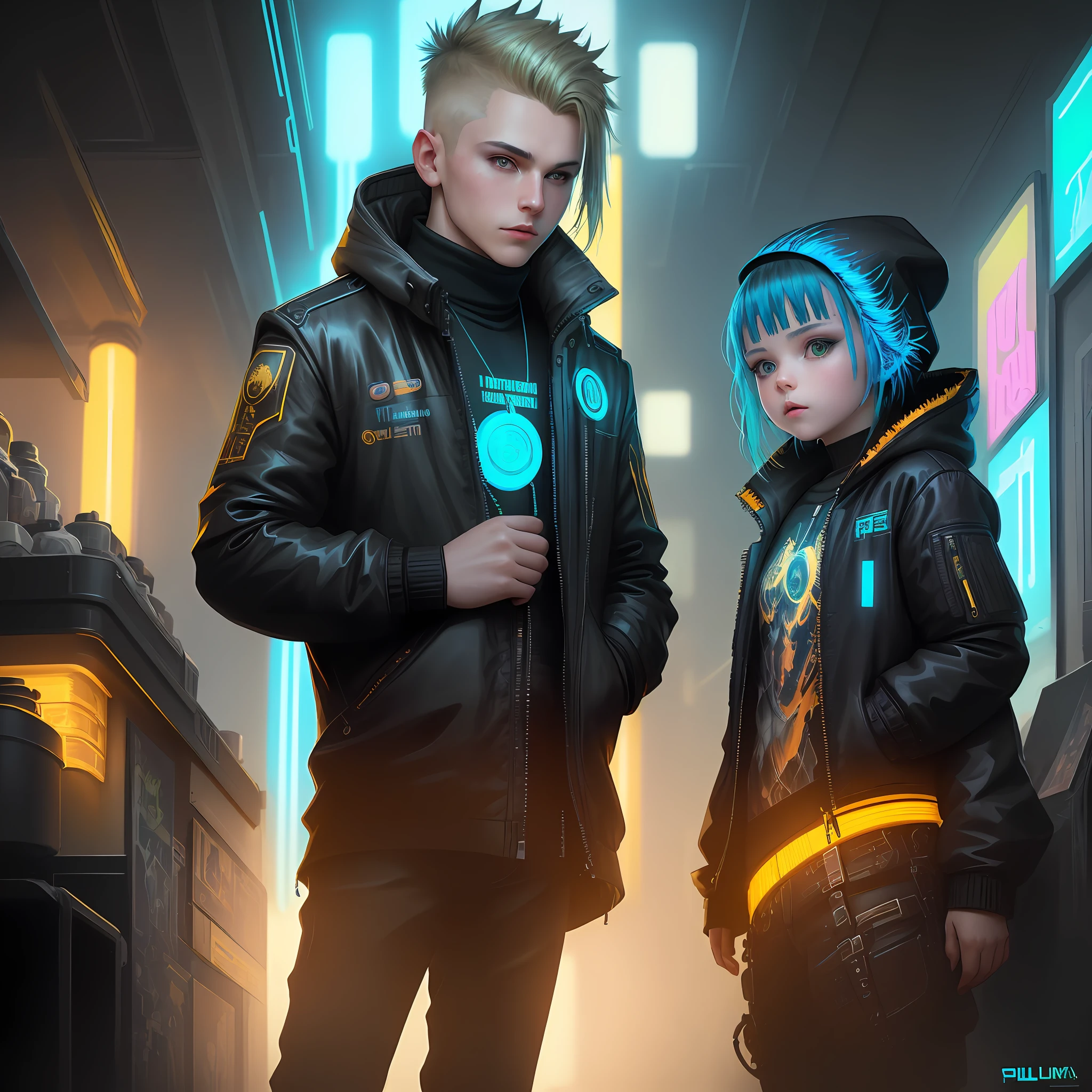 dreamlikeart, russian cyberpunk a woman , a boy and litle girl, hohloma,painting,large,small detaills,black orange,yellowgold,green,violet,blue,cyan,ultra detaills,long twisted feather,gorgeous,old Russian fairtable, White background , by bill sienkiewicz,and carne griffiths