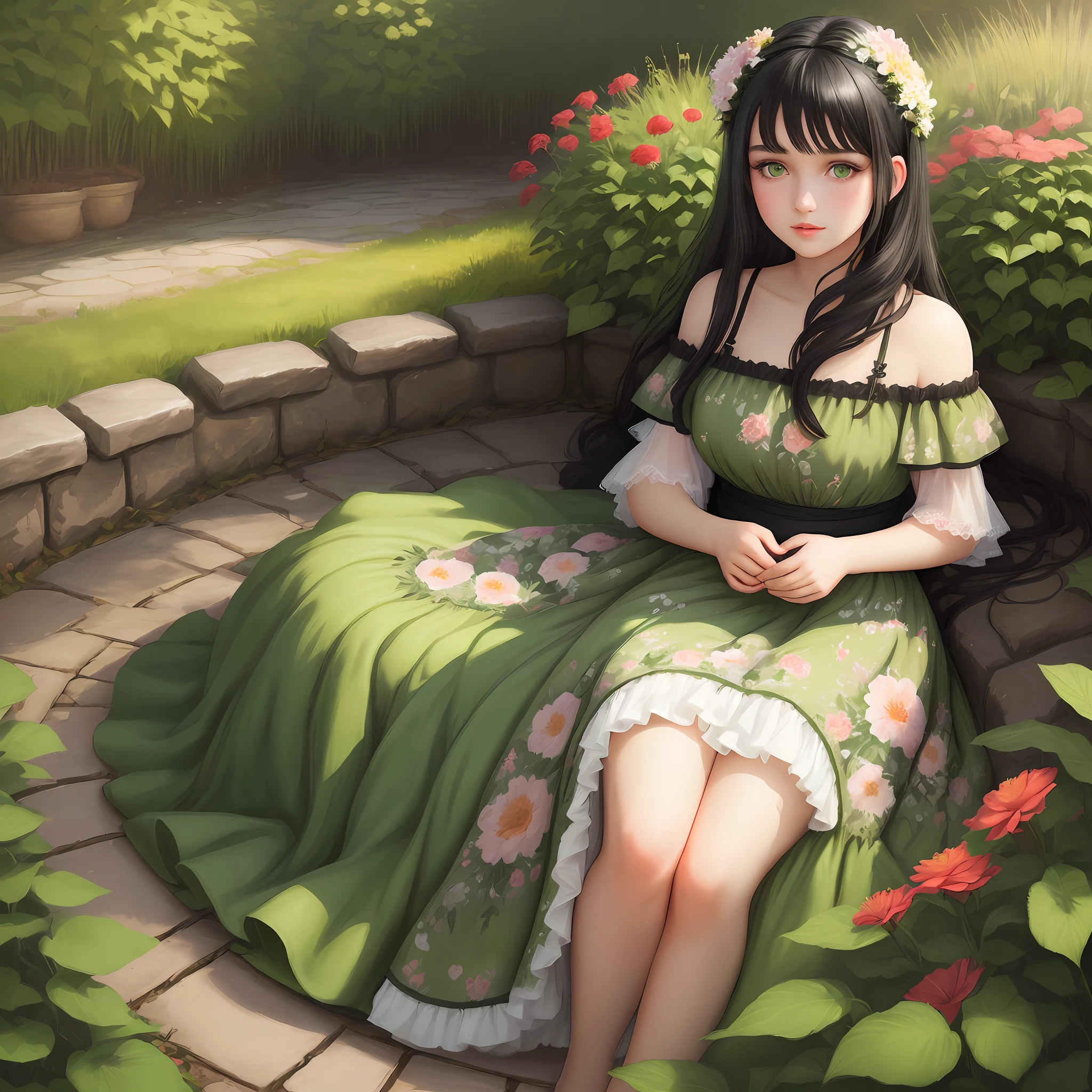 A girl with black hair and green eyes, very beautiful and realistic, she is full body and wears a floral dress, in a beautiful and realistic garden.