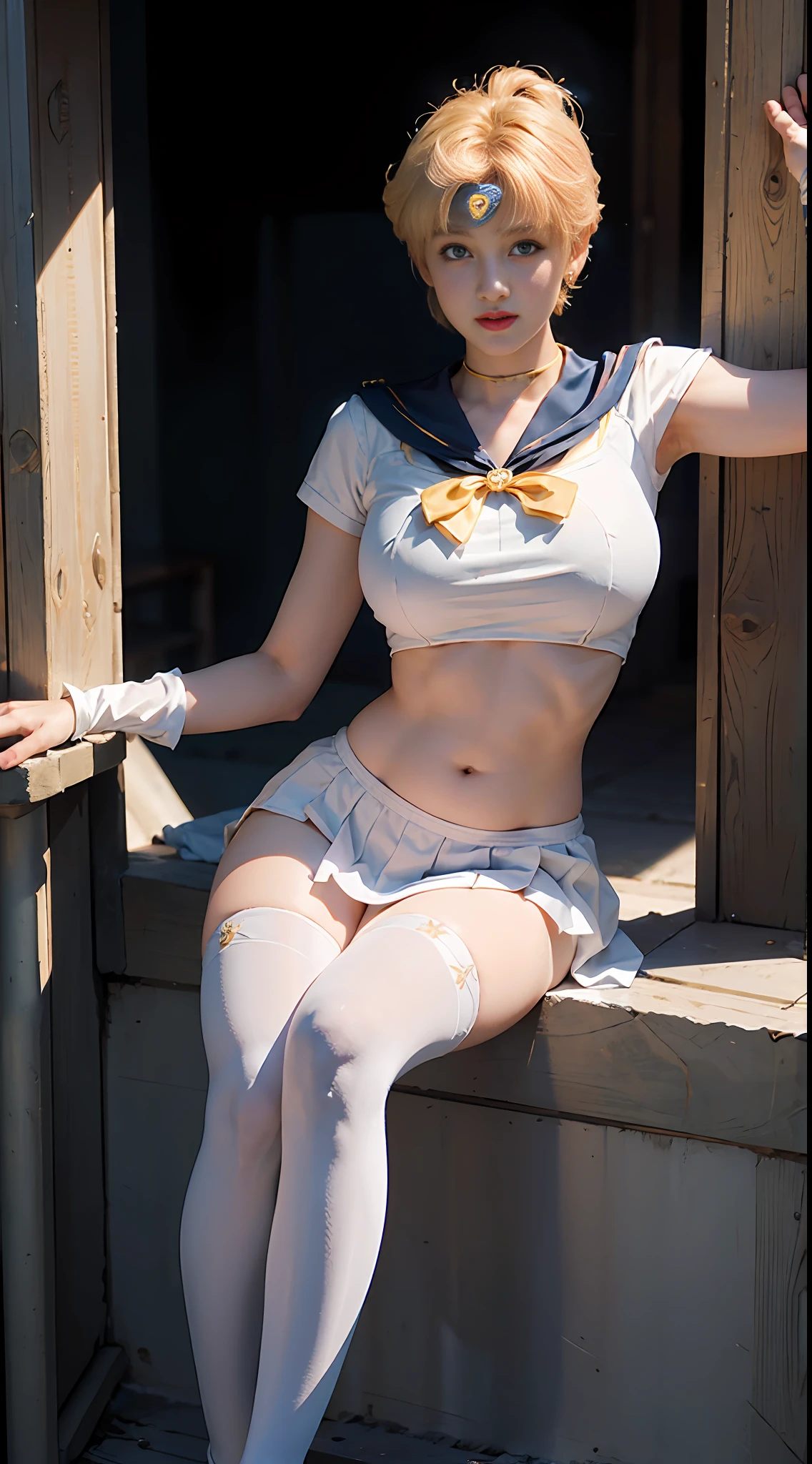 ((Sailor Moon 1:1)) ((Sailor Uranus costume: 1.8)) Best quality, ultra high resolution, masterpiece, (Realisticity: 1.6), 16K, (1girl with open belly), (huge), white stockings, full body shot, against the wall, mature smile, busty, ridiculous lighting