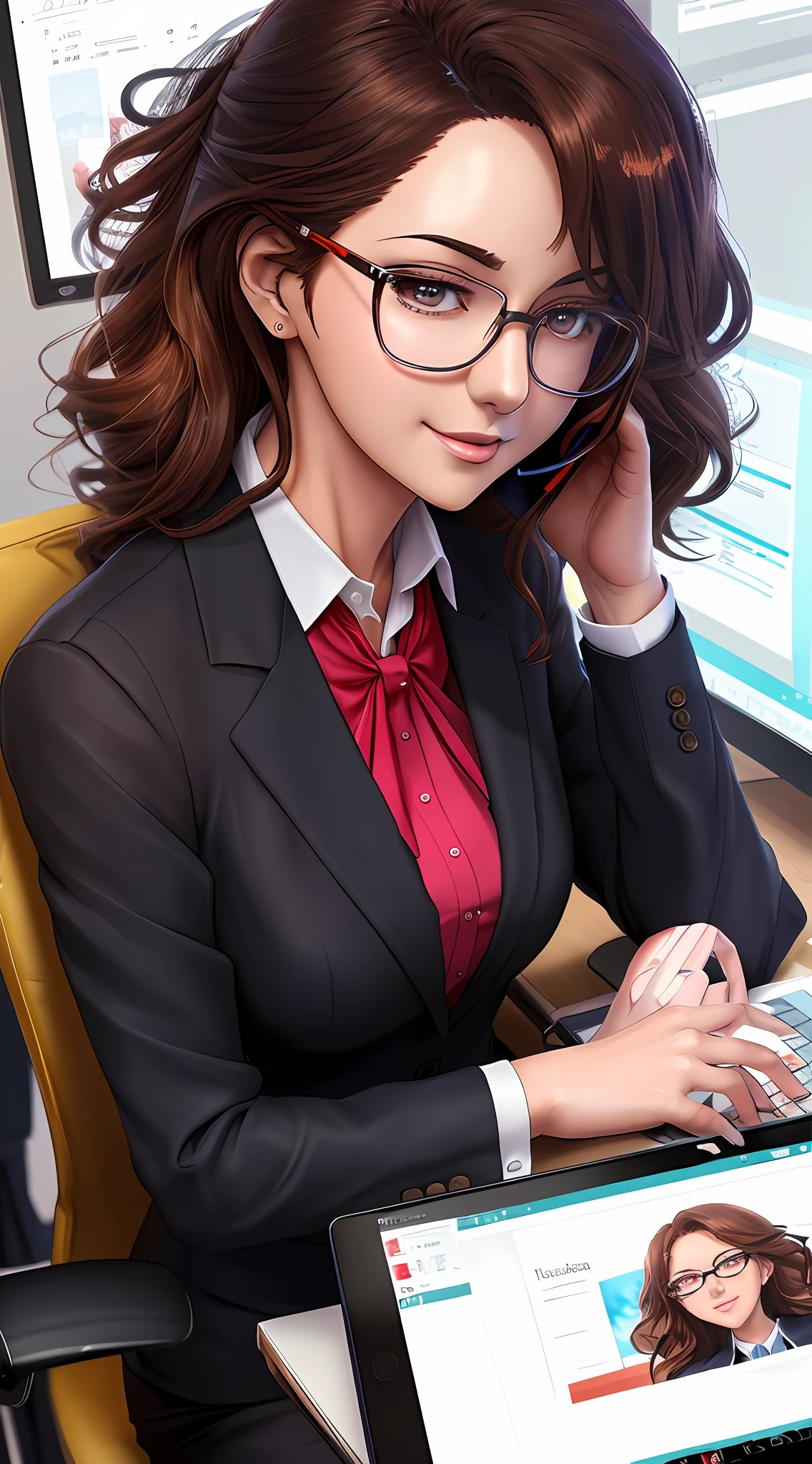 there is a woman sitting at a desk with a laptop and a cell phone, proffesional illustration, office clothes, digital anime illustration, photorealistic artstyle, digital art of an elegant, realistic artstyle, realistic digital illustration, high quality portrait, semi - realistic render, professional illustration, detailed digital anime art, business woman, stunning digital illustration, detailed professional photo