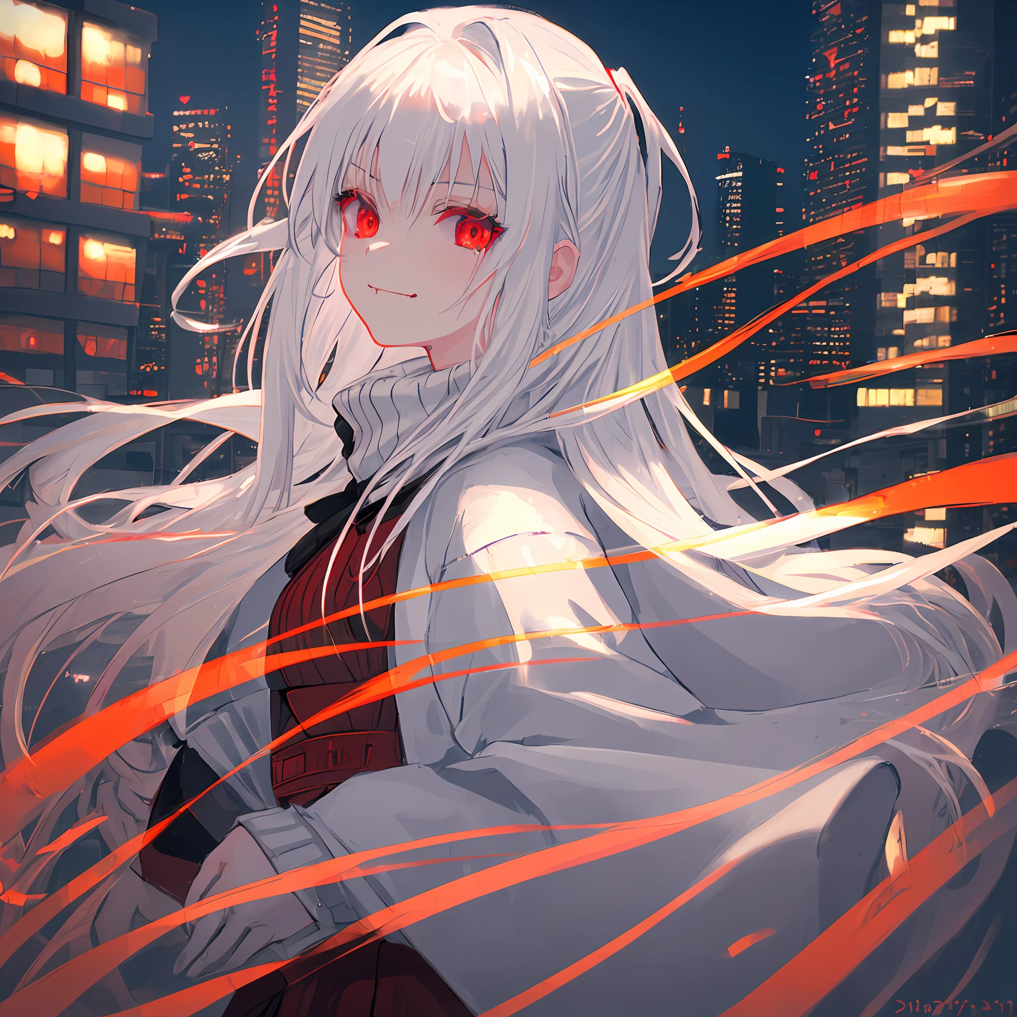 1girl, (solo), anime girl with long white hair and red eyes, girl with white hair, girl in white turtleneck, girl in brown cardigan, pointed ears, ((vampire)), smirk, smug, closed mouth, cowboy shot, perfect white haired girl, white haired deity, digital cyberpunk anime art, turtleneck, cardigan, lens flare, ((dramatic lighting)), soft glowing red eyes, extremely detailed, masterpiece, looking at viewer, city in background, (night)