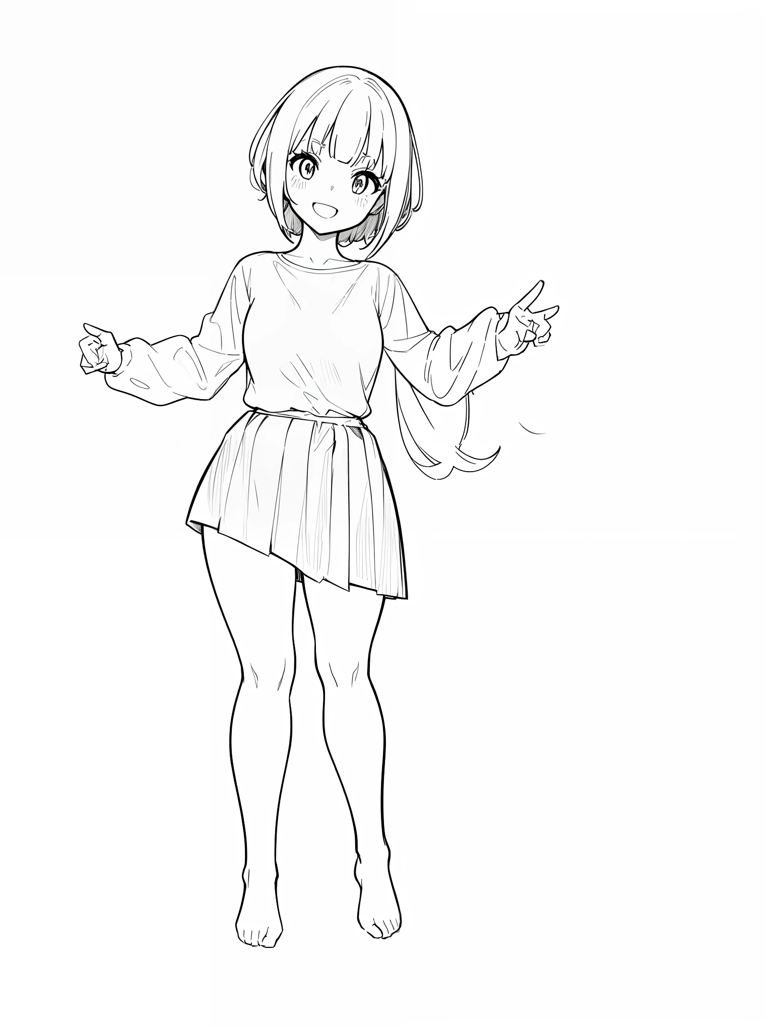 drawing of a girl in a short skirt and a shirt, clean anime outlines, anime pose, line sketch!!, pose(arms up + happy), pudica pose gesture, full body portrait of a short!, various pose, outline sketch, thick outline, thick lineart, casual pose, distorted pose, simple lineart, full body!! dynamic pose