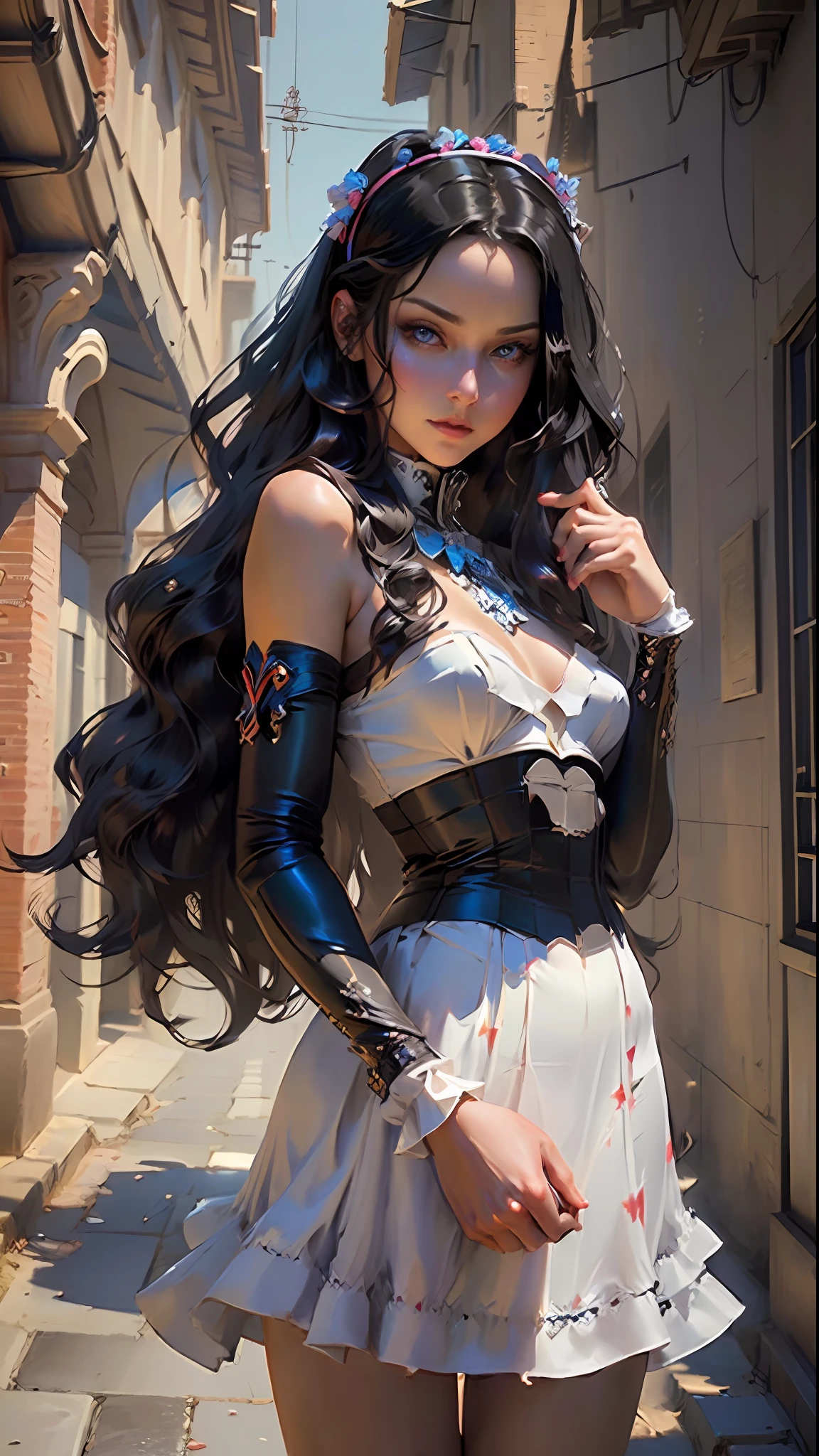 "((Best quality)), ((masterpiece)), ((ultra-detailed:1.3)), 3D, (((fantastic woman:1.3)) dressed as sexy silk maid, long black hair looking at the camera and blue eyes, small breasts