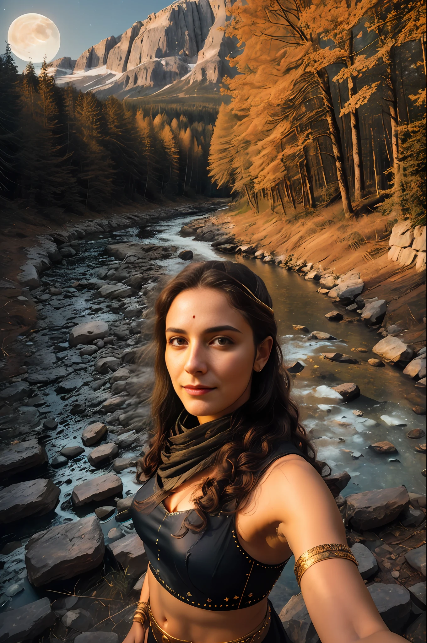 Cleopathra ((upper body selfie, happy)), masterpiece, best quality, ultra-detailed, solo, outdoor, (night), mountains, nature, (stars, moon), happy, forest, stones, river, wood, smoke, shadows, contrast, clear sky, style, (warm hue, warm tone)