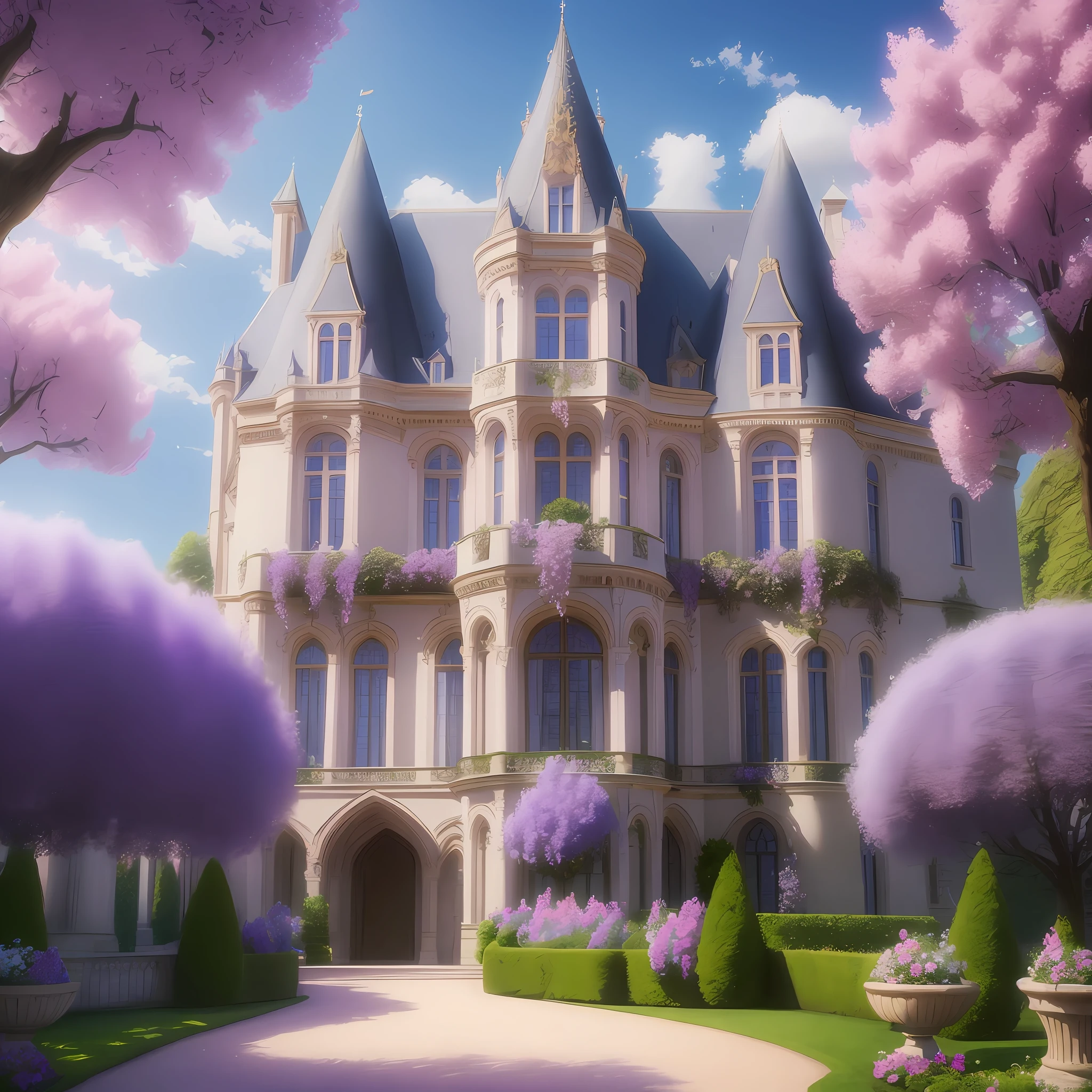 a beautiful European castle, with a wonderful French garden, with lilac flowers and French roses, cinematic light, striking tones, well-defined colors, hyper detailed, hyper realism, 16k, HD, UHD.