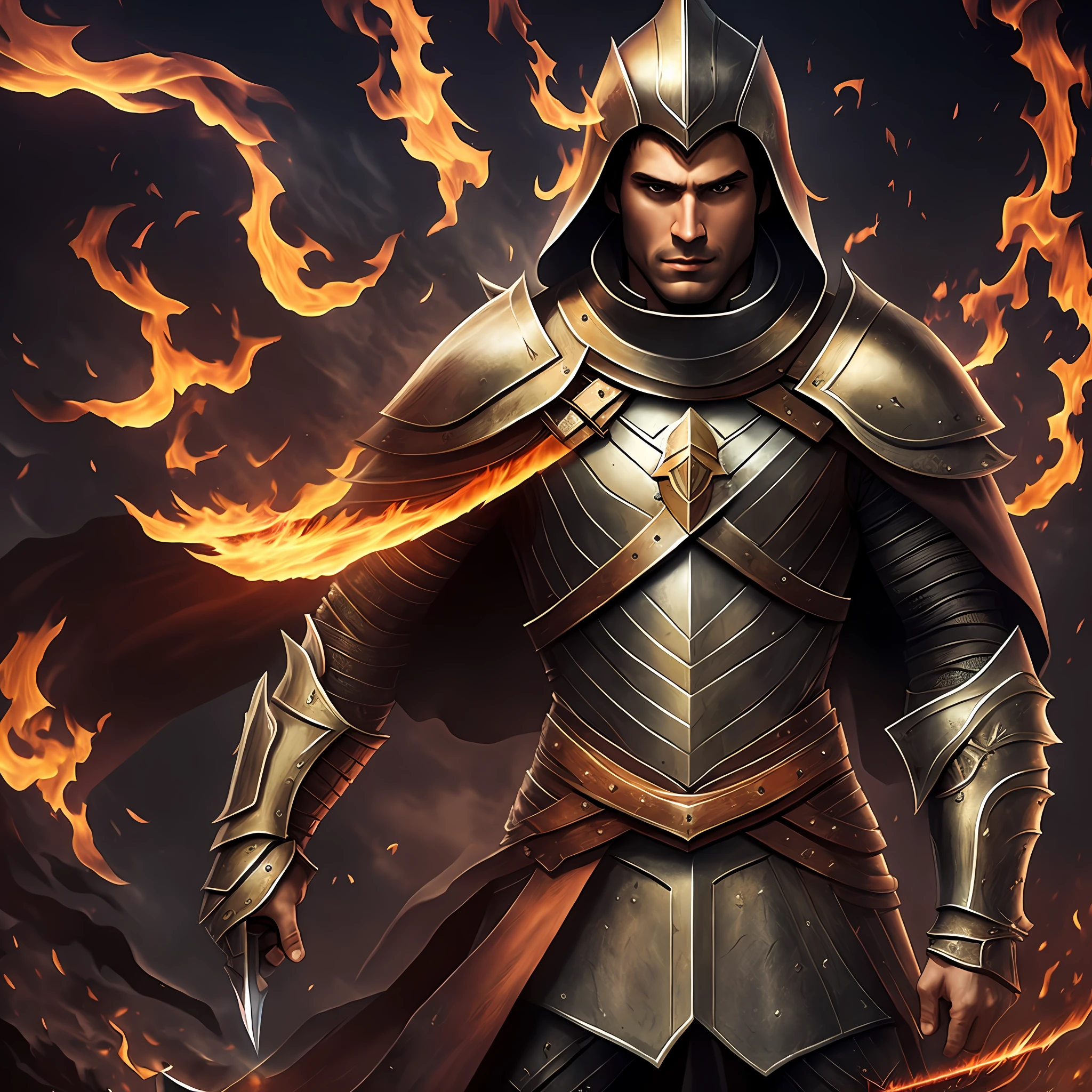 A tall, strong, brunette man in armor and cape holding a sword of fire;