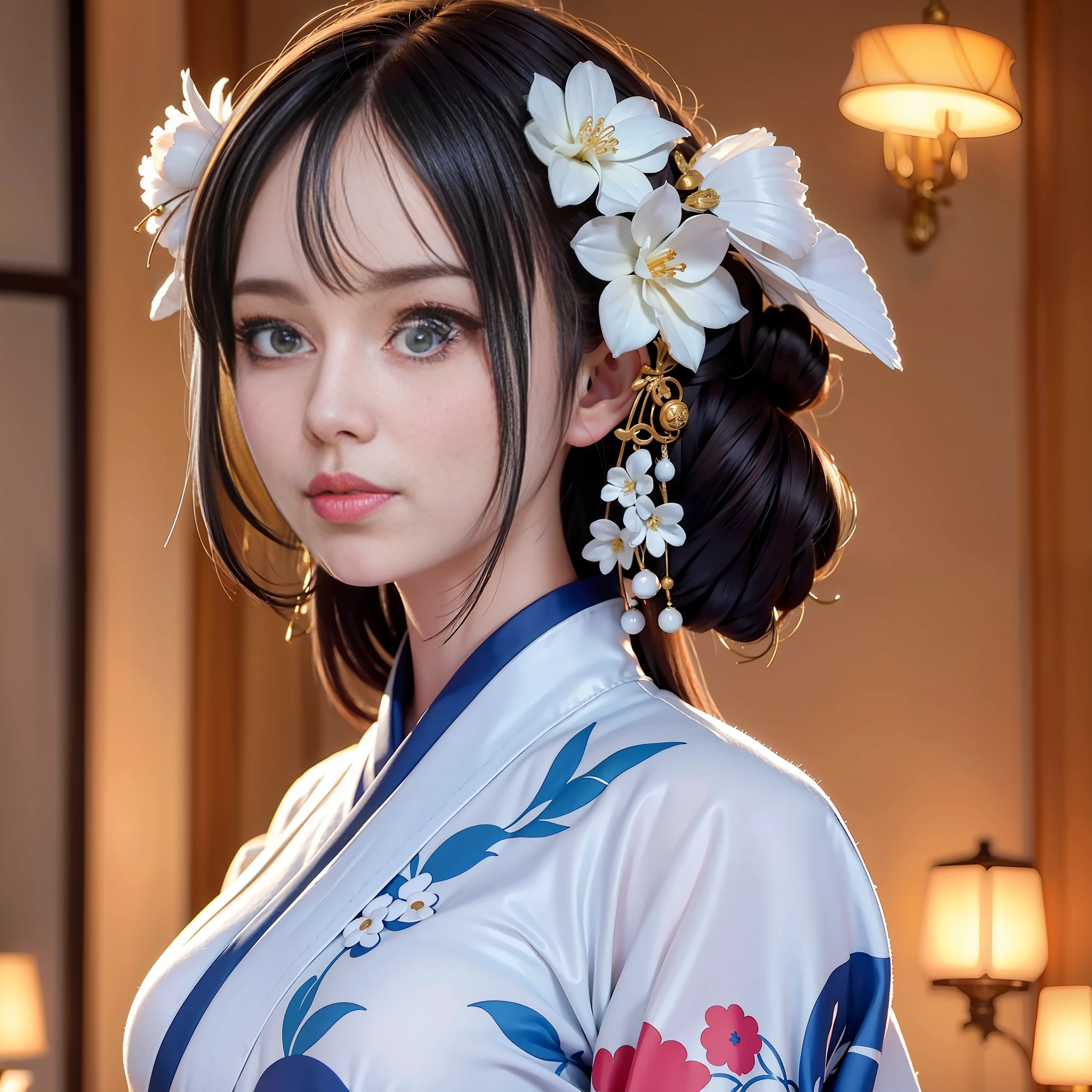 dark white hair, hair bell, crazy eyes, f/1.8, 85mm, Depth of Field, UHD, 8k, 4K, 16k, HD, 1080P, Best quality, high profile, surface texture, super detail, masterpiece, high quality, sexy floral kimono uniform white, 1girl, Big breasts, blue eyes, best anatomy