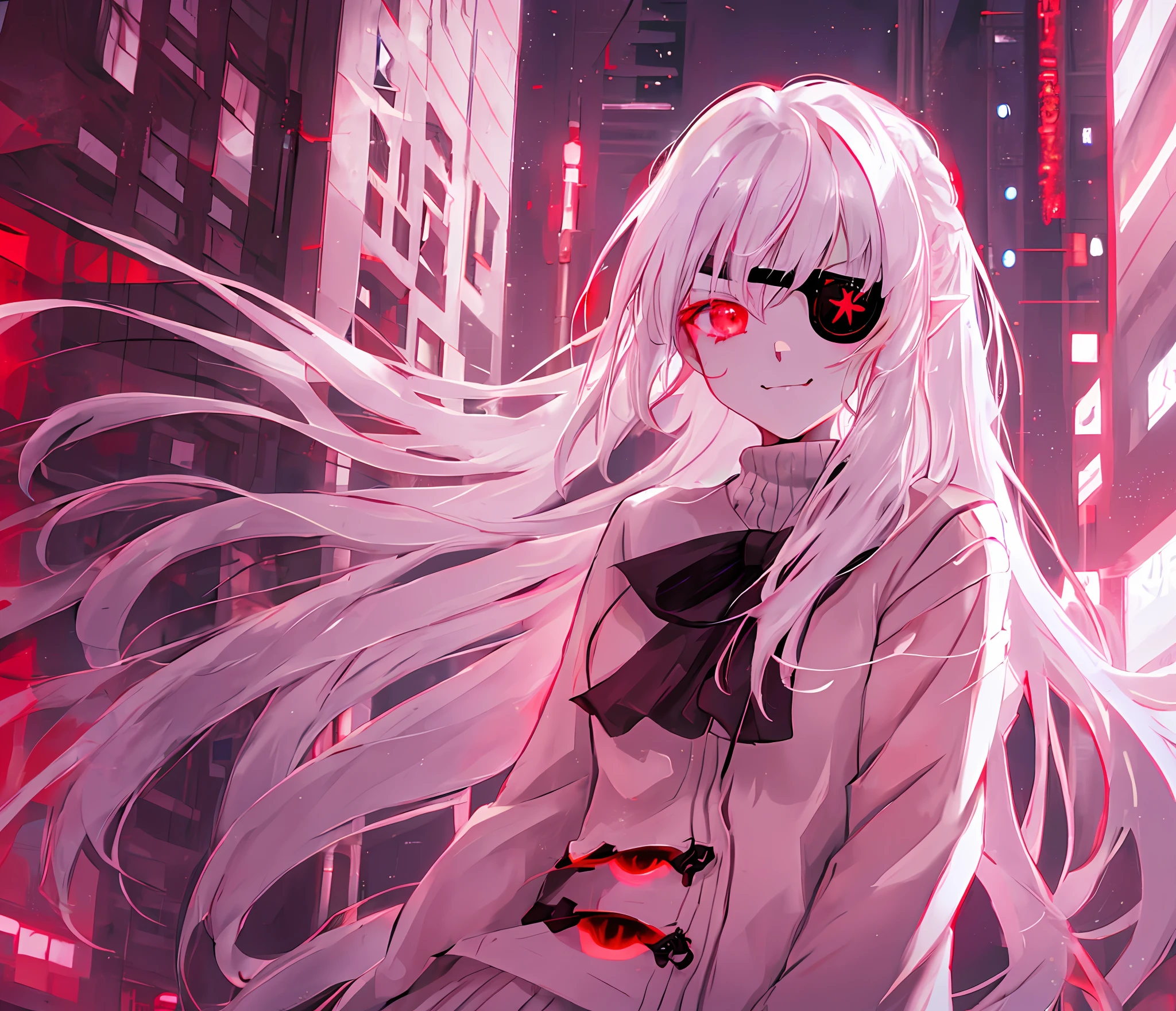 1girl, (solo), anime girl with long white hair and red eyes, girl with white hair, girl in white turtleneck, ((eyepatch)),  pointed ears, ((vampire)), smirk, smug, closed mouth, cowboy shot, perfect white haired girl, white haired deity, digital cyberpunk anime art, turtleneck, cardigan, lens flare, ((dramatic lighting)), soft glowing red eyes, extremely detailed, masterpiece, looking at viewer, city in background, (night)