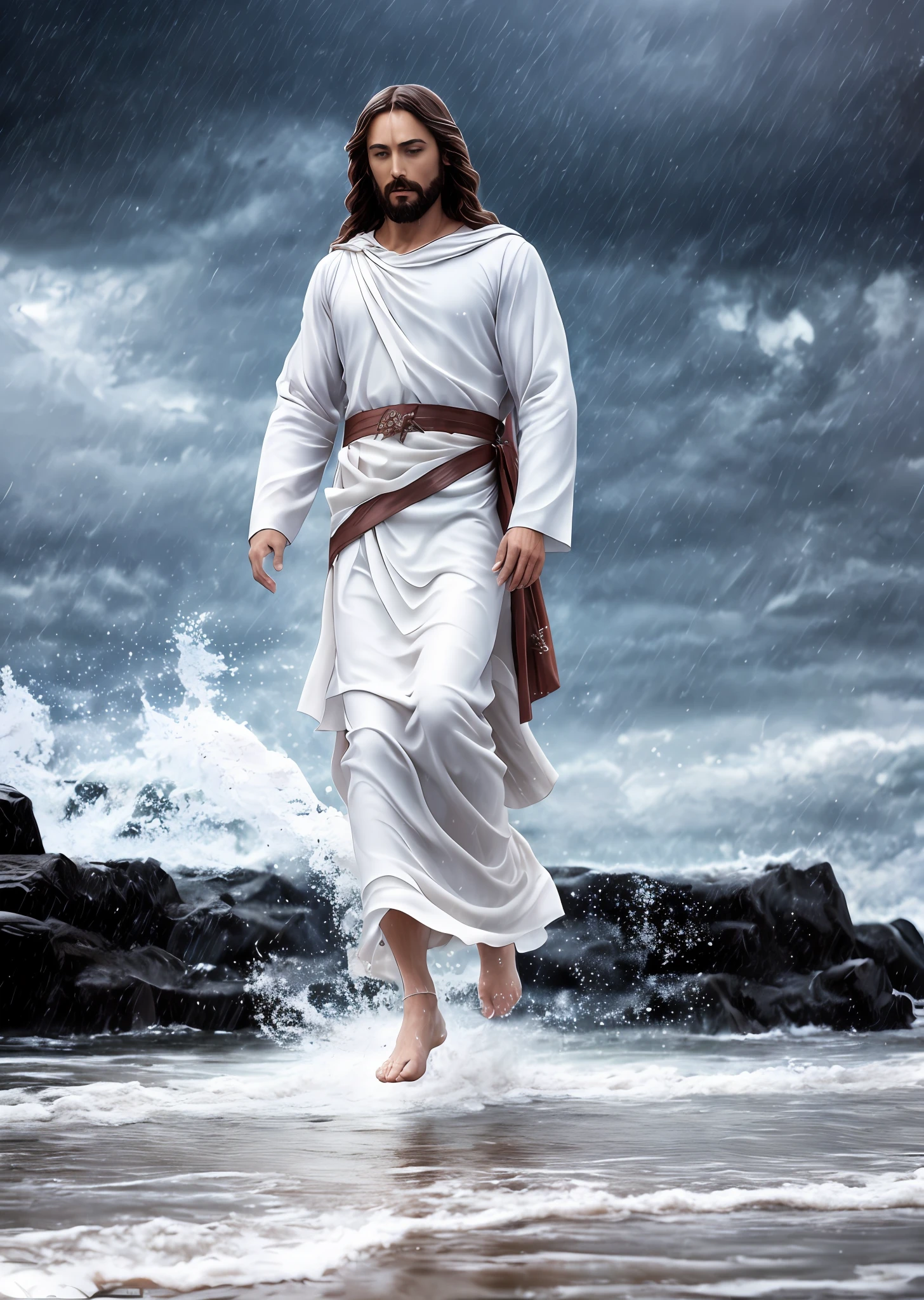 jesus walking on water in a storm, masterpiece, best quality, high quality, extremely detailed CG unit 8k wallpaper, award winning photography, Bokeh, Depth of Field, HDR, bloom, Chromatic aberration, photorealistic, extremely detailed, trending on artstation, trending on CGsociety, intricate, high detail, dramatic, mid-journey art, volumetric lighting