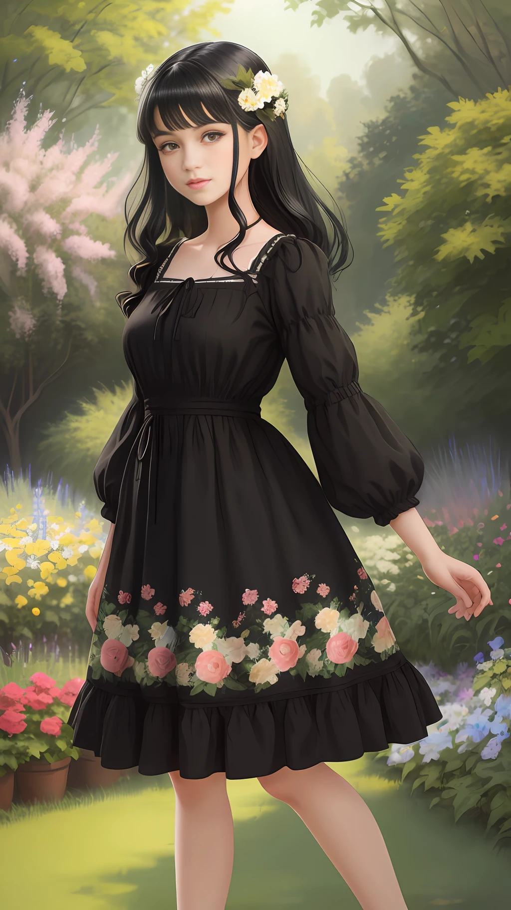 A girl with black hair and green eyes, very beautiful and realistic, she is full body and wears a floral dress, in a beautiful and realistic garden.