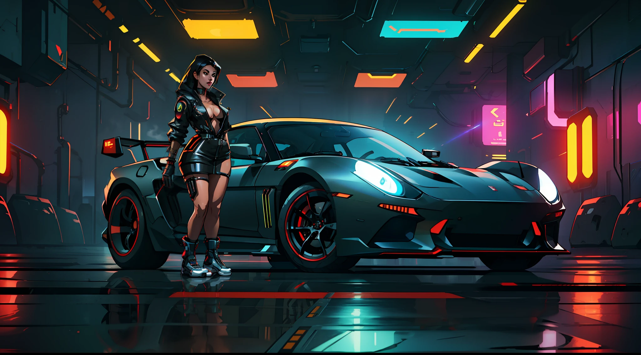 (masterpiece)+, (Best Quality)+, (Complex detail)+, cyberpunk car, a sexy girl posing next to the car matte black painting, showroom concept, lens flare, camera artifact, professional photographer, 4k, HDR, longitudinal symmetry