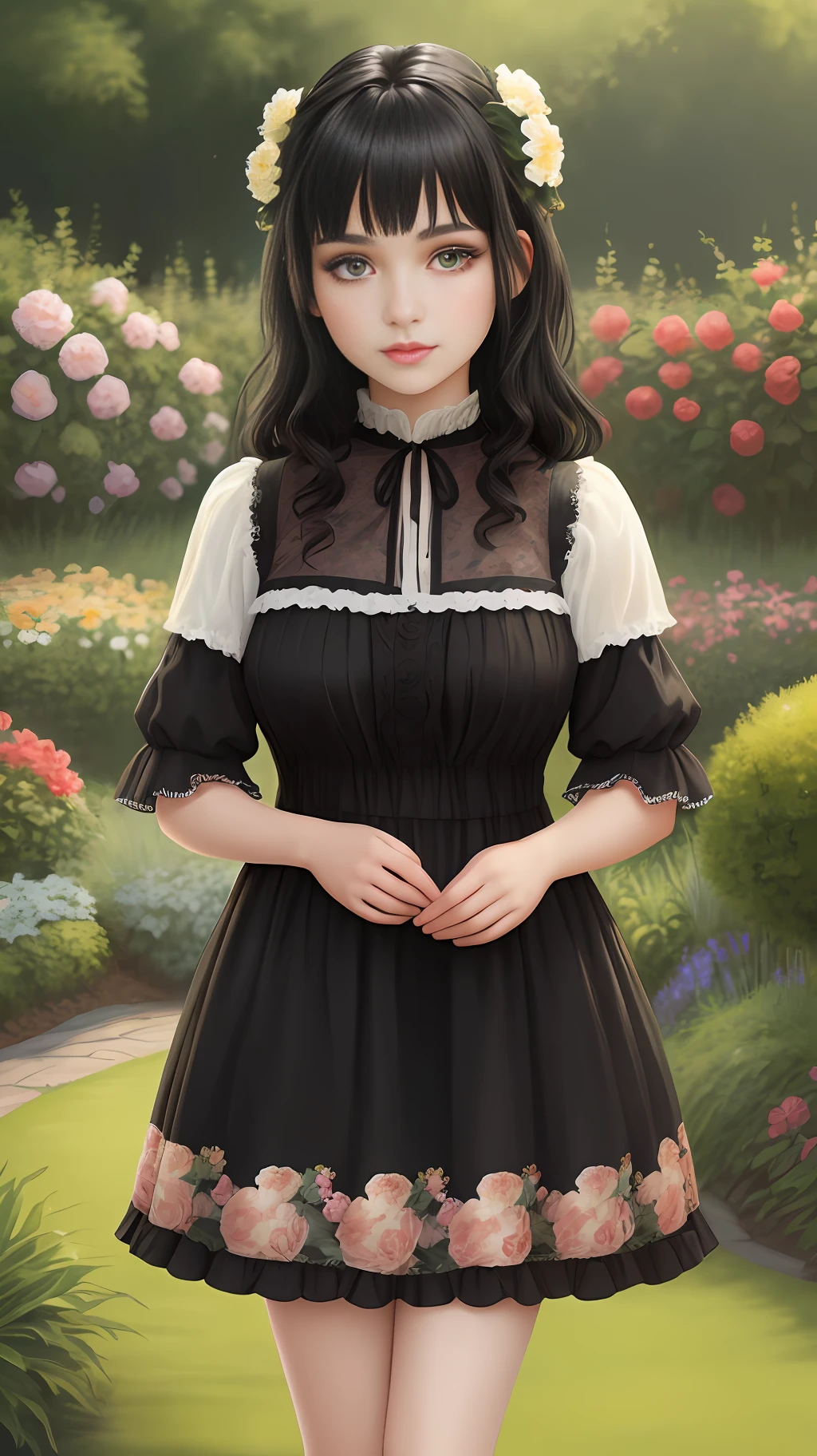 A girl with black hair and green eyes, very beautiful and realistic, she is full body and wears a floral dress, in a beautiful and realistic garden.