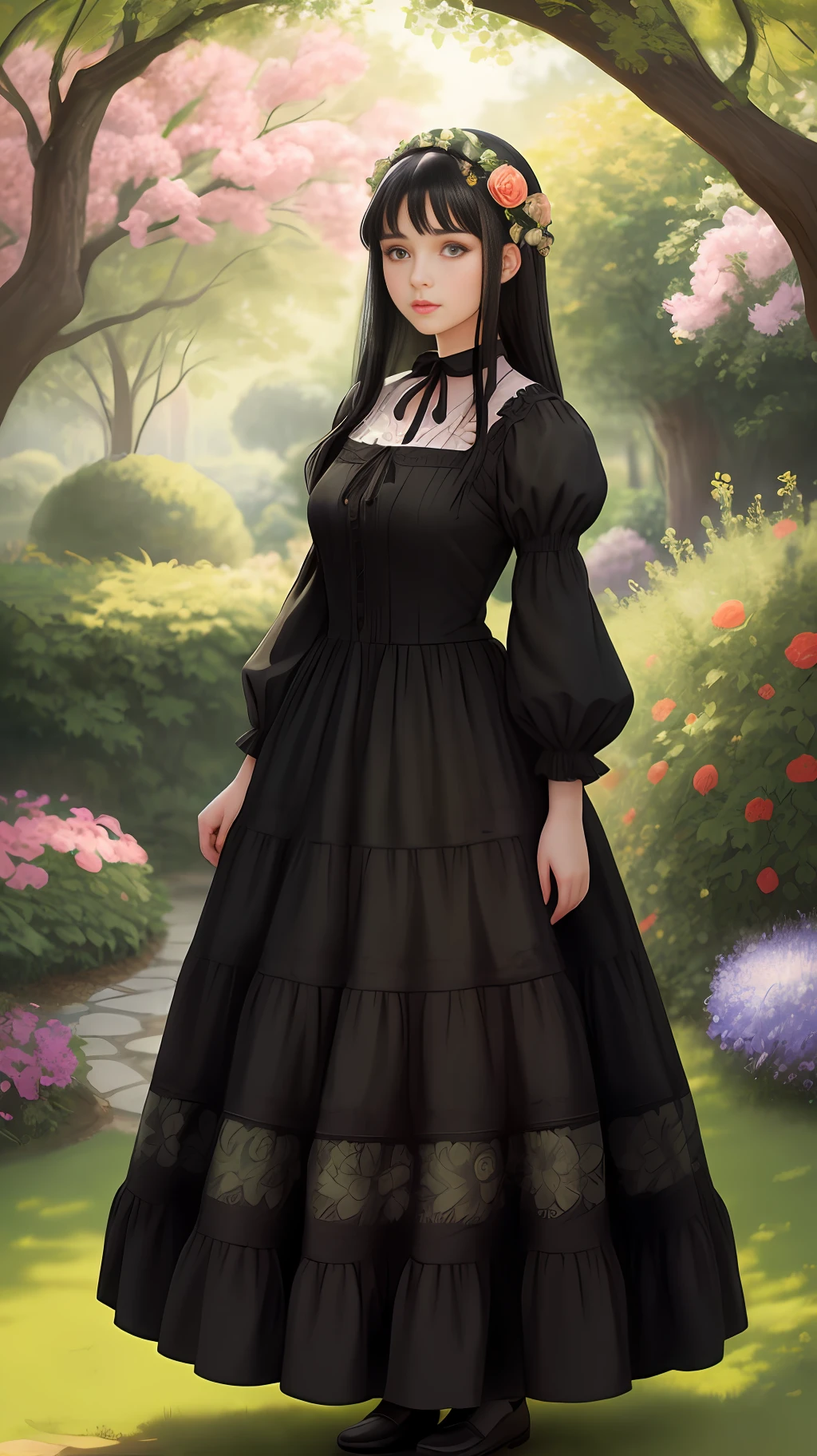 A girl with black hair and green eyes, very beautiful and realistic, she is full body and wears a floral dress, in a beautiful and realistic garden.