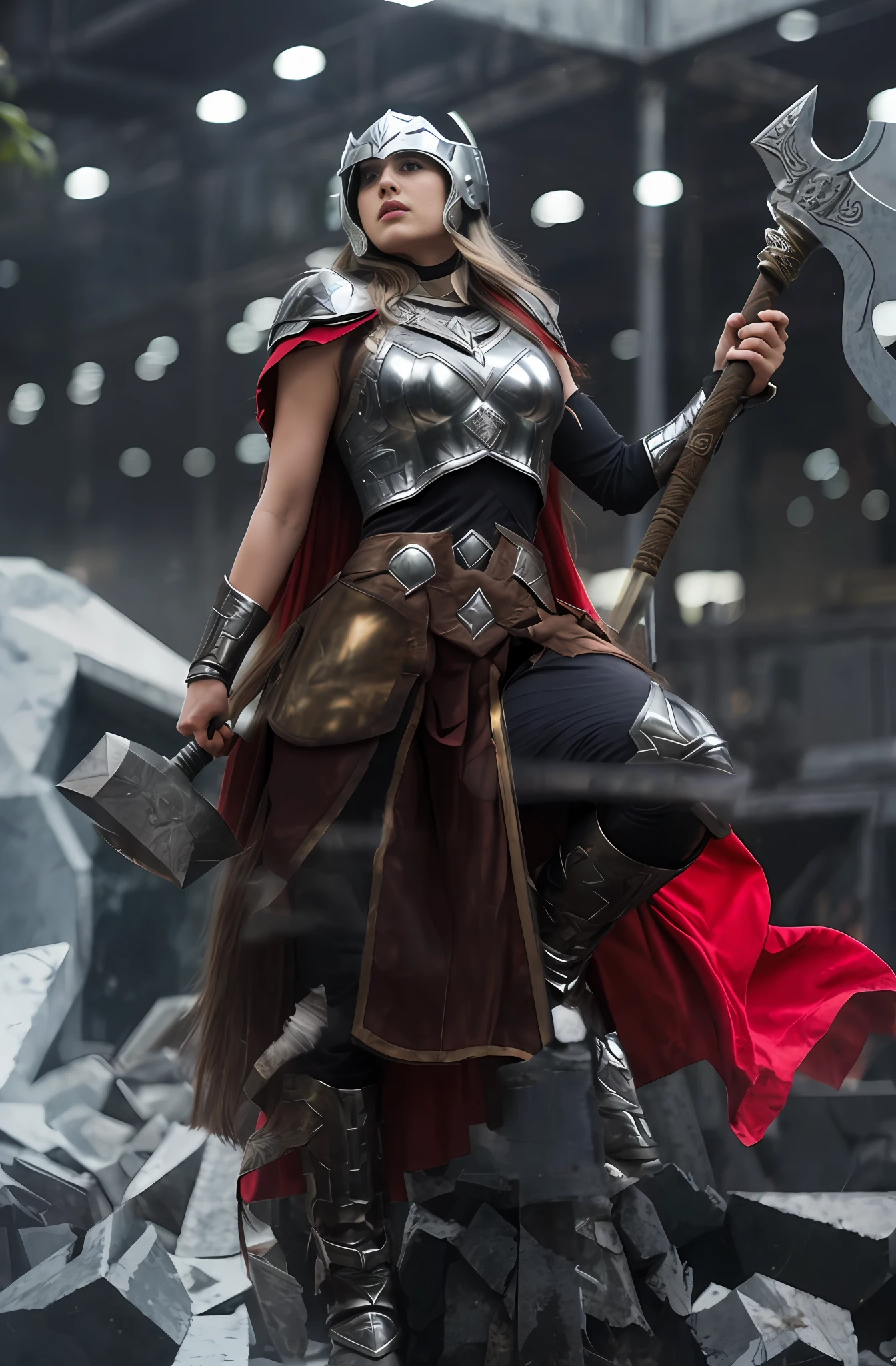 Jane Foster, long hair, metallic armor, silver helmet, accessories (axe + hammer).
