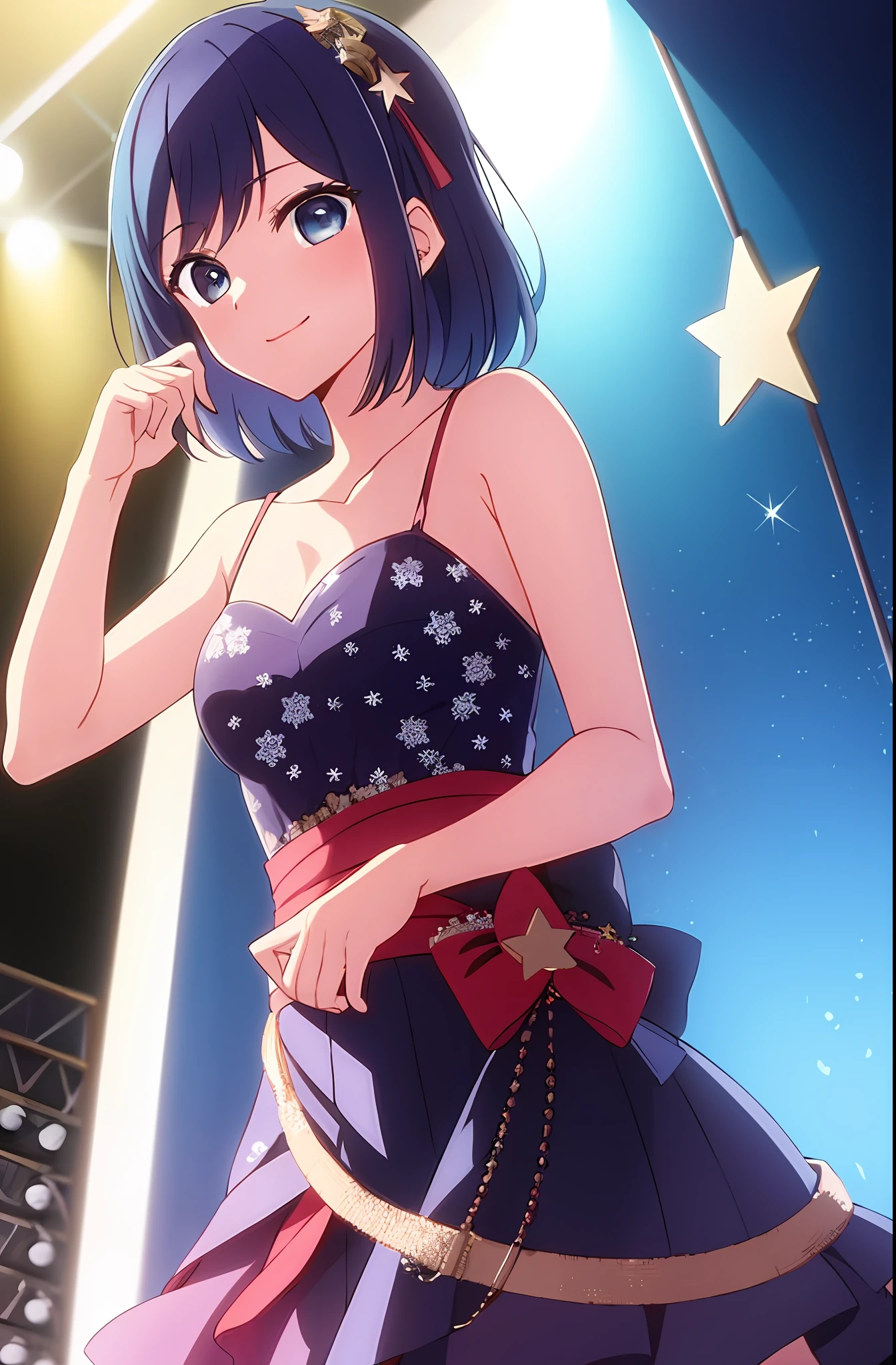 masterpiece, best quality, kurokawa_akane, closed_mouth, collarbone, smile, solo, upper_body, idol drama, drama costume, on stage costume, star eyes, star shape pupils,