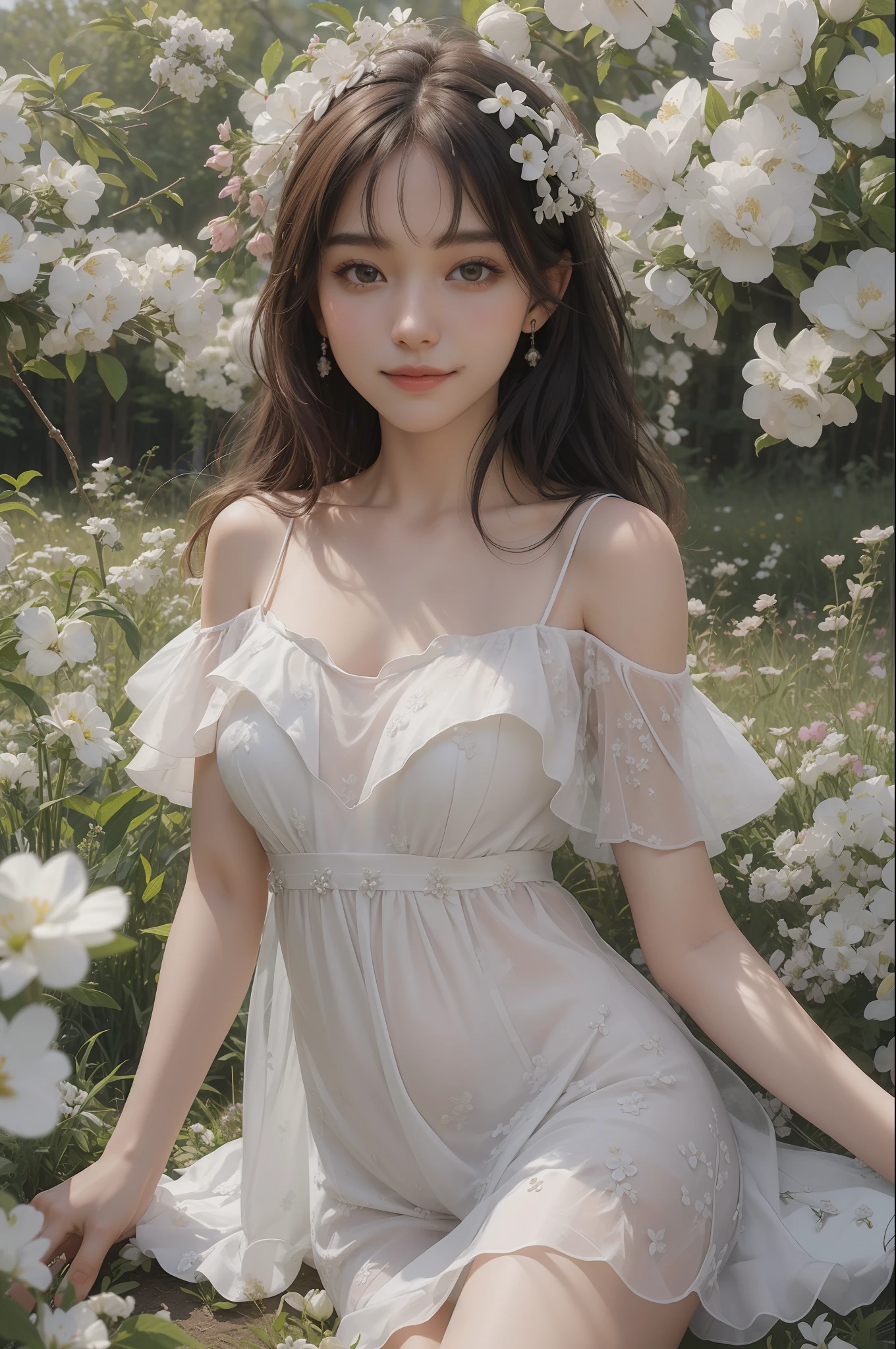 Best quality, masterpiece, ultra high res, (photorealistic:1.4), raw photo, 1girl, white dress, off shoulder, blossom flower field, glowing skin, light smile