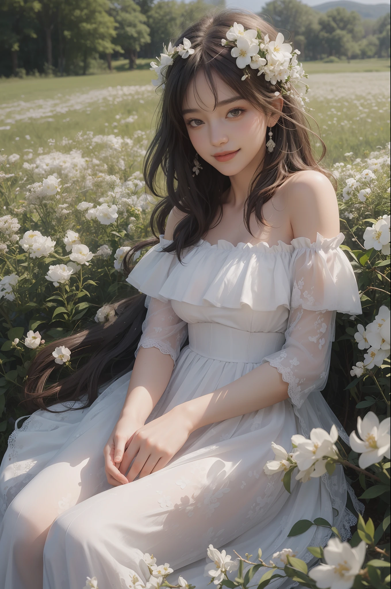 Best quality, masterpiece, ultra high res, (photorealistic:1.4), raw photo, 1girl, white dress, off shoulder, blossom flower field, glowing skin, light smile