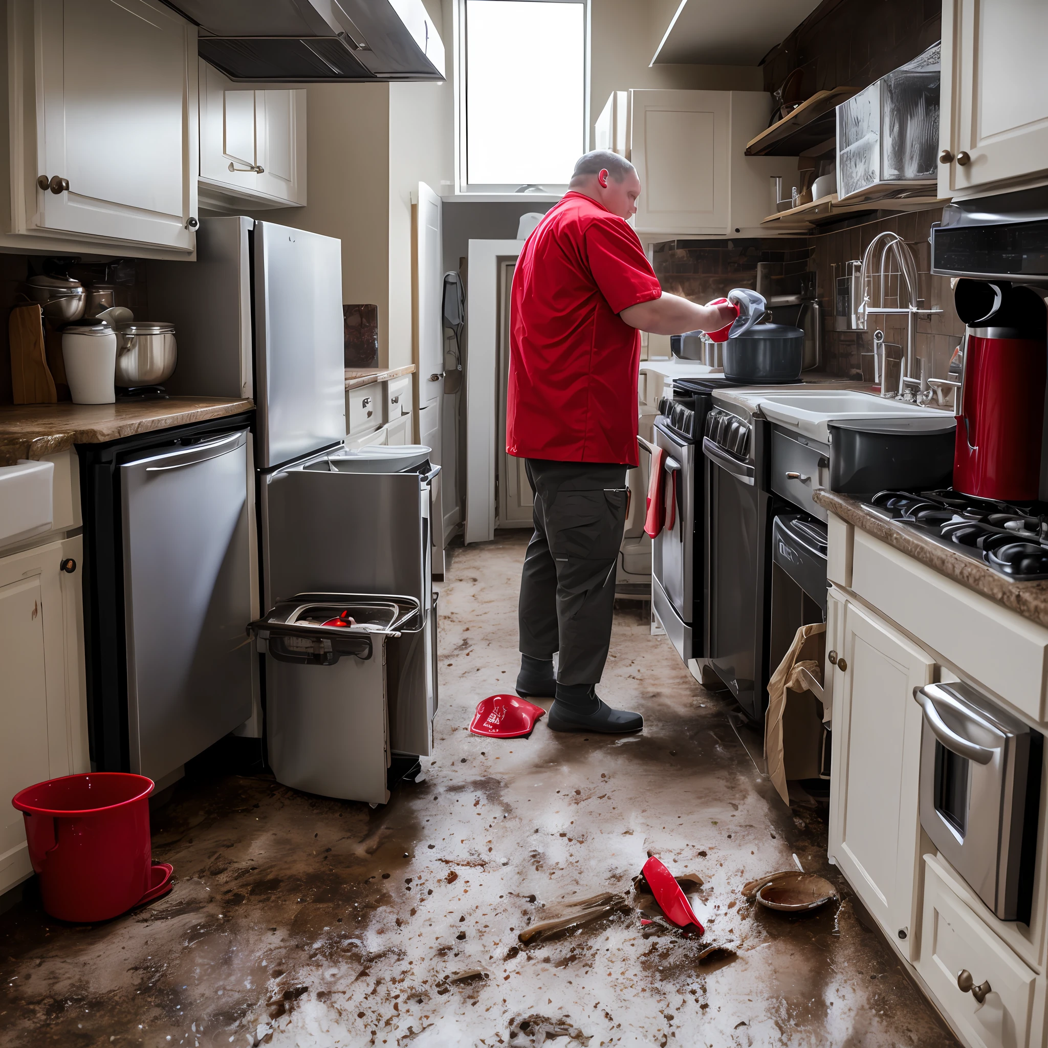 man inside the kitchen with unclog in hand, kitchen with clogged sewer, put uniform on man in red and gray colors