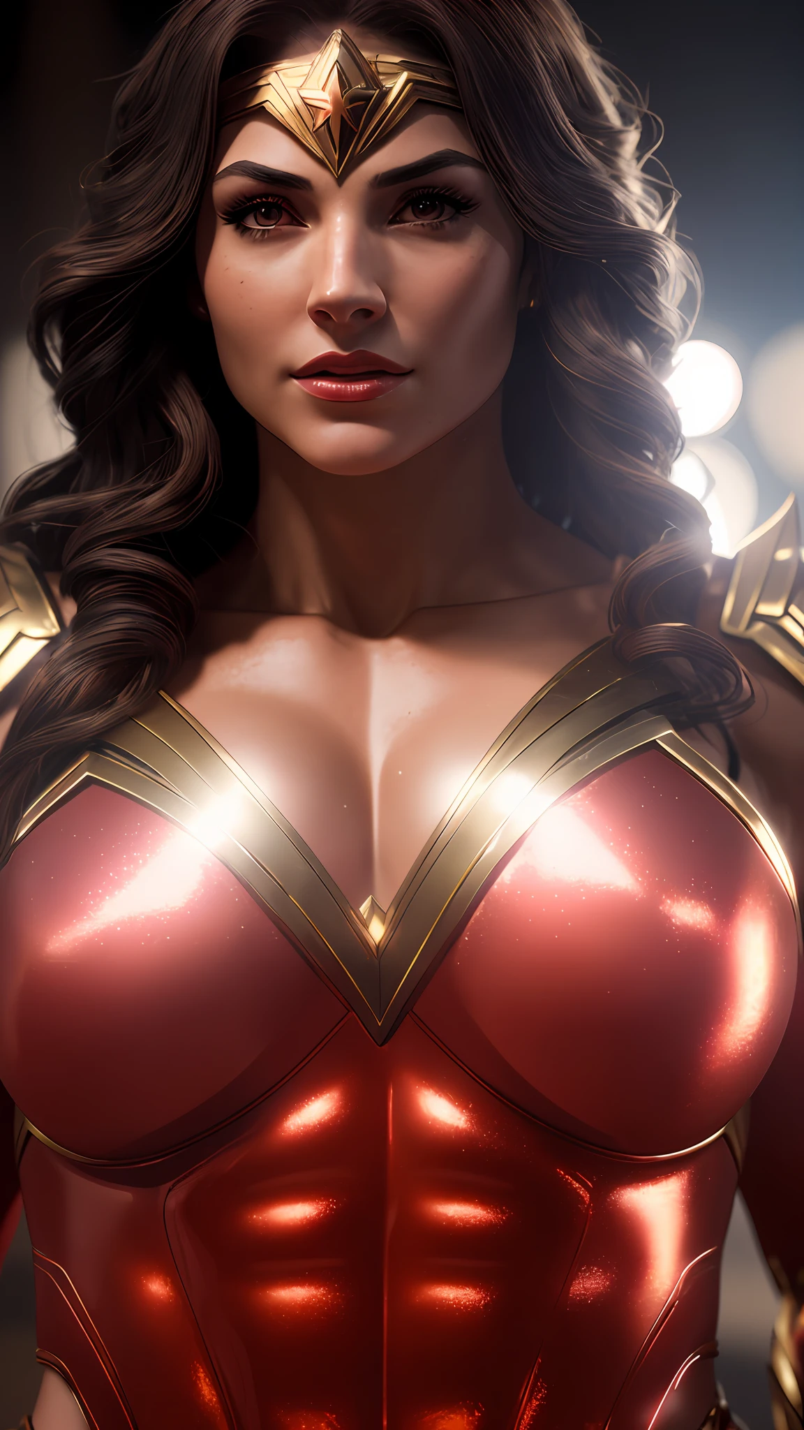 a close up of a woman in a red and gold costume, cinematic goddess body shot, cinematic close-up bust shot, 8 k sensual lighting, super detailed octane render, unreal engine render + a goddess, portrait of wonder woman, cinematic bust shot, hyper realistic octane render 4k, hyper realistic lighting, fine details 8k octane rendering, cinematic lighting high details