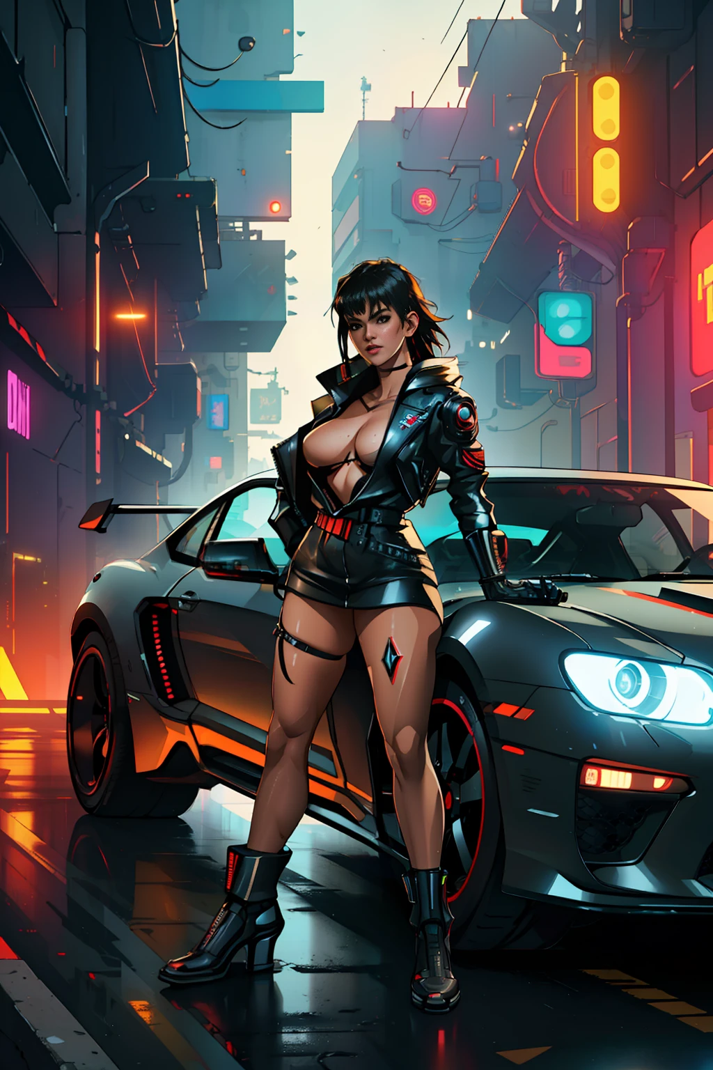 (masterpiece)+, (Best Quality)+, (Complex detail)+, cyberpunk car, a sexy girl posing next to the car matte black painting, showroom concept, lens flare, camera artifact, professional photographer, 4k, HDR, longitudinal symmetry