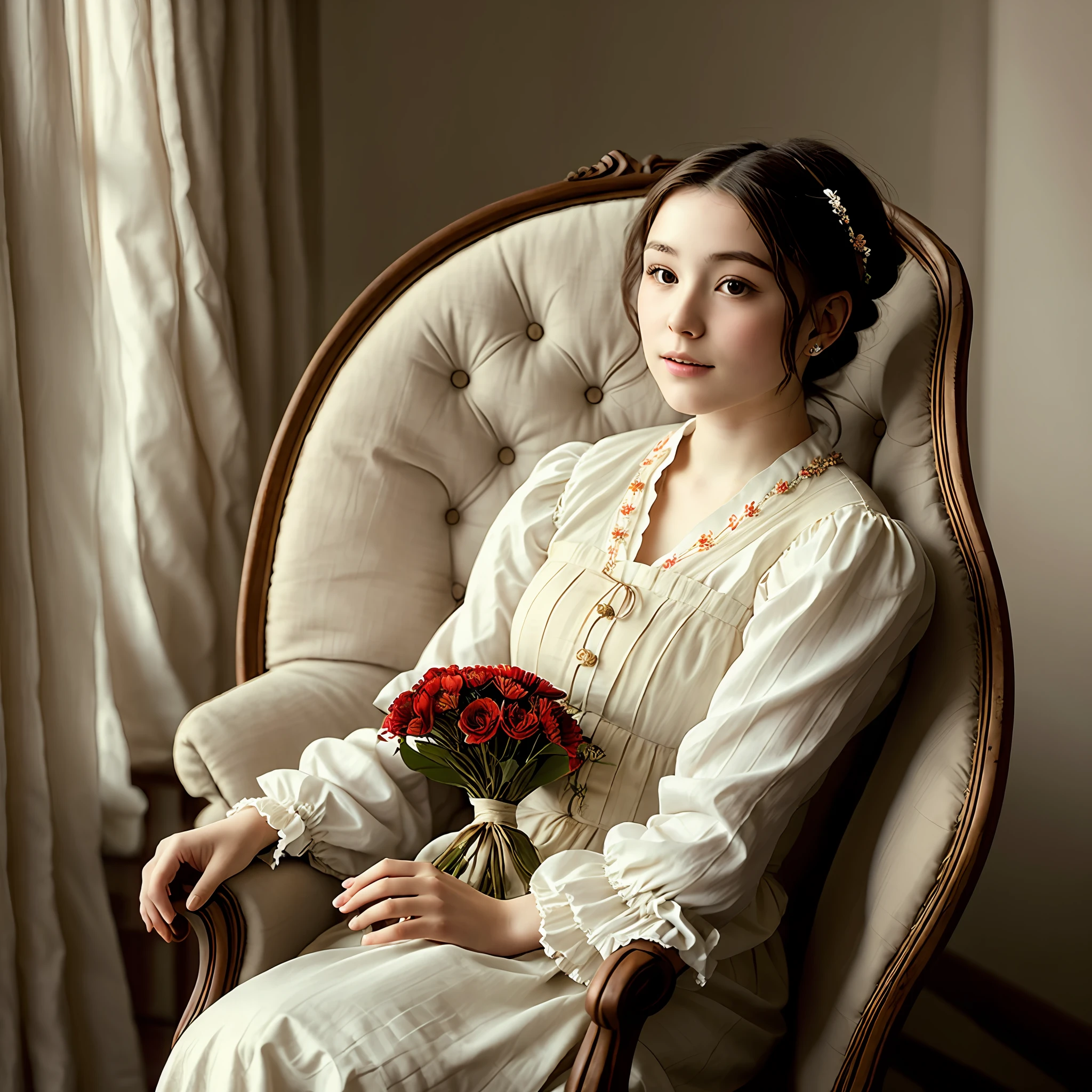 A beautiful, young woman sitting in an armchair holding a flower, wearing 19th century clothes, european