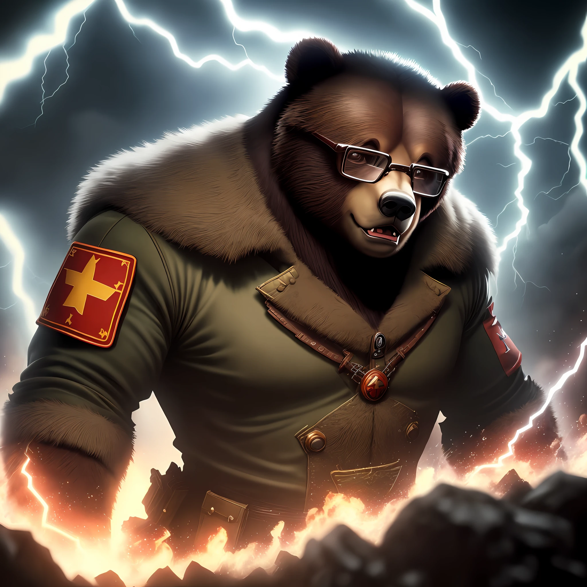 bear wearing glasses and Soviet military uniform of the 80s masterpiece, better quality,
A big scary monster, monster face, big mouth, fantasy, magical, amazing lighting, studio photo, detailed and intricate environment, highly detailed, 4K, VFX, sharp focus, symmetry, lightning, combustion, destroy, horrifying