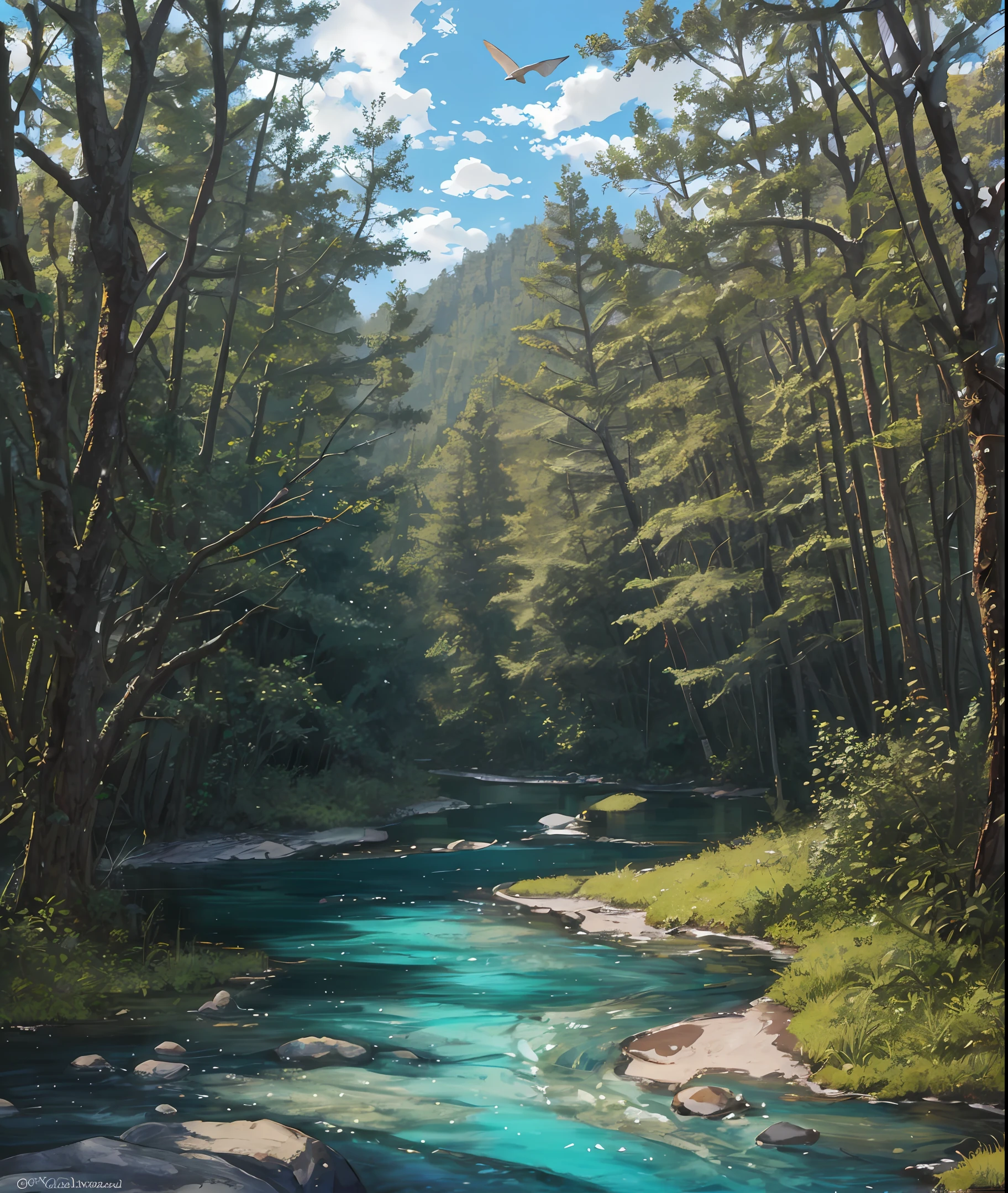 A river in the middle of the forest with birds in the sky