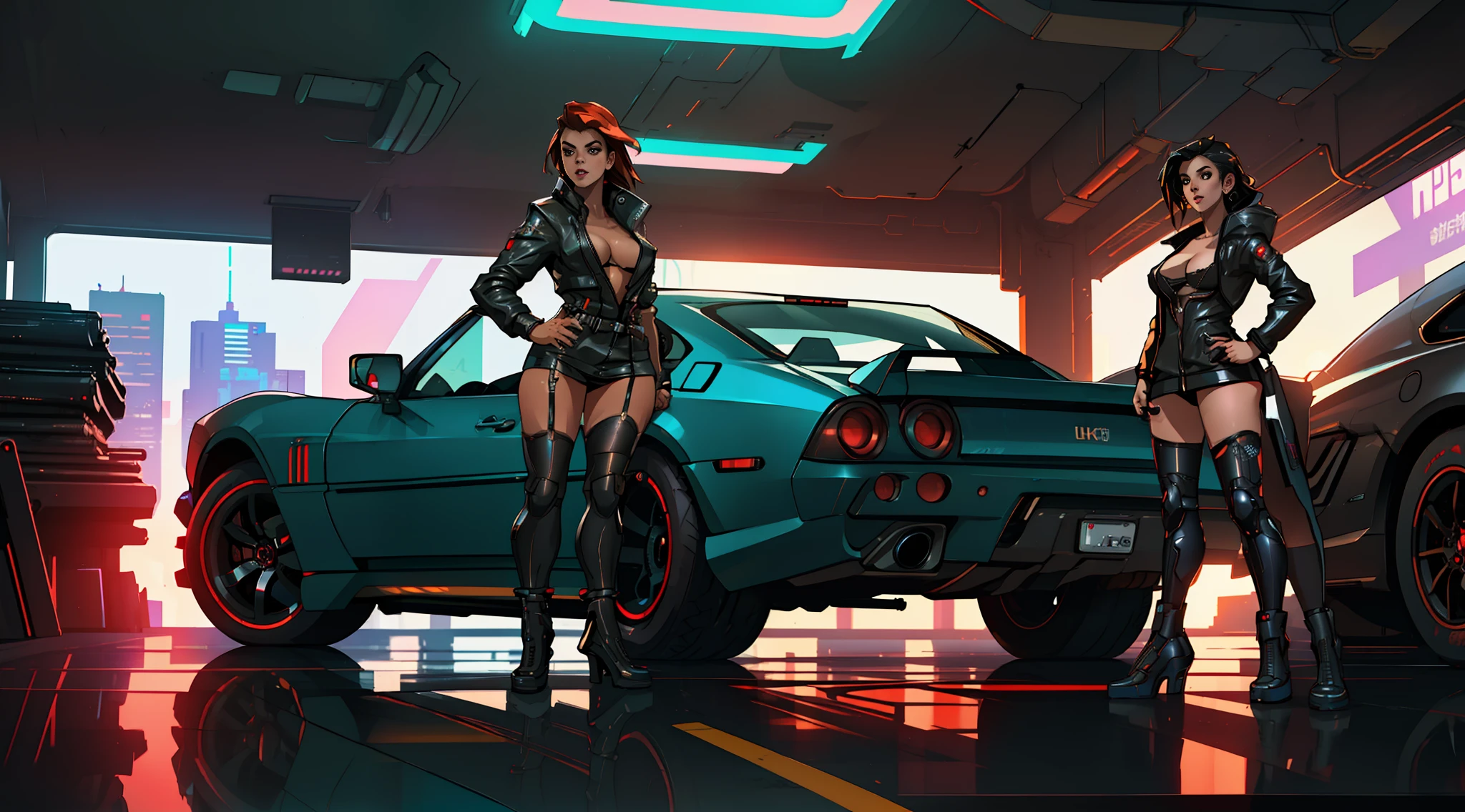 (masterpiece)+, (Best quality)+, (Complex detail)+, cyberpunk car, a sexy girl posing next to the car matte black painting, showroom concept, lens flare, camera artifact, professional photographer, 4k, HDR, longitudinal symmetry, close up on the girl