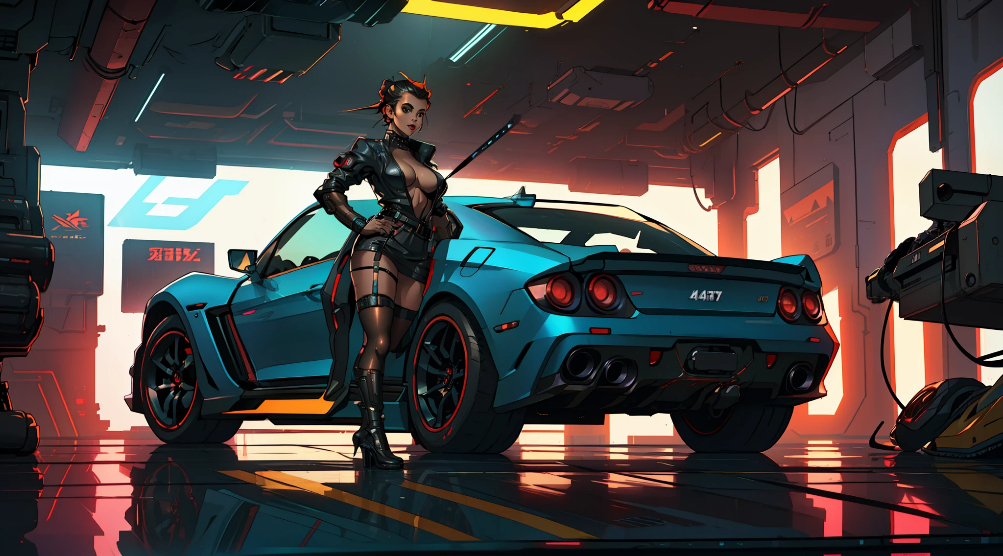 (masterpiece)+, (Best quality)+, (Complex detail)+, cyberpunk car, a sexy girl posing next to the car matte black painting, showroom concept, lens flare, camera artifact, professional photographer, 4k, HDR, longitudinal symmetry, close up on the girl