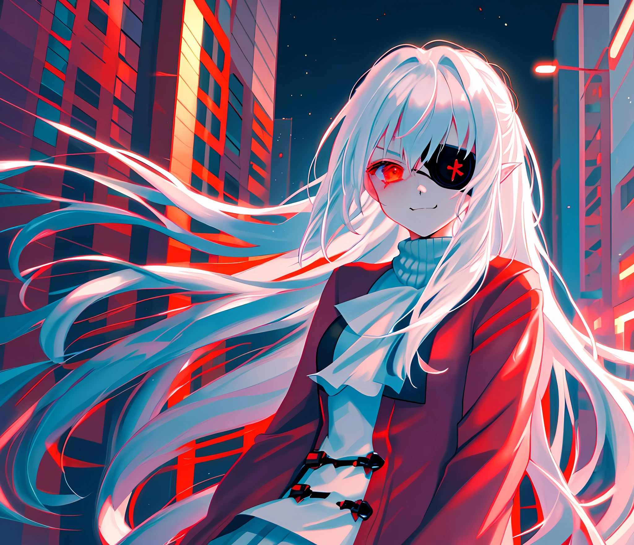 1girl, (solo), anime girl with long white hair and red eyes, girl with white hair, girl in white turtleneck, ((eyepatch)), pointed ears, ((vampire)), smirk, smug, closed mouth, cowboy shot, perfect white haired girl, white haired deity, digital cyberpunk anime art, turtleneck, cardigan, lens flare, ((dramatic lighting)), soft glowing red eyes, extremely detailed, masterpiece, looking at viewer, city in background, (night)