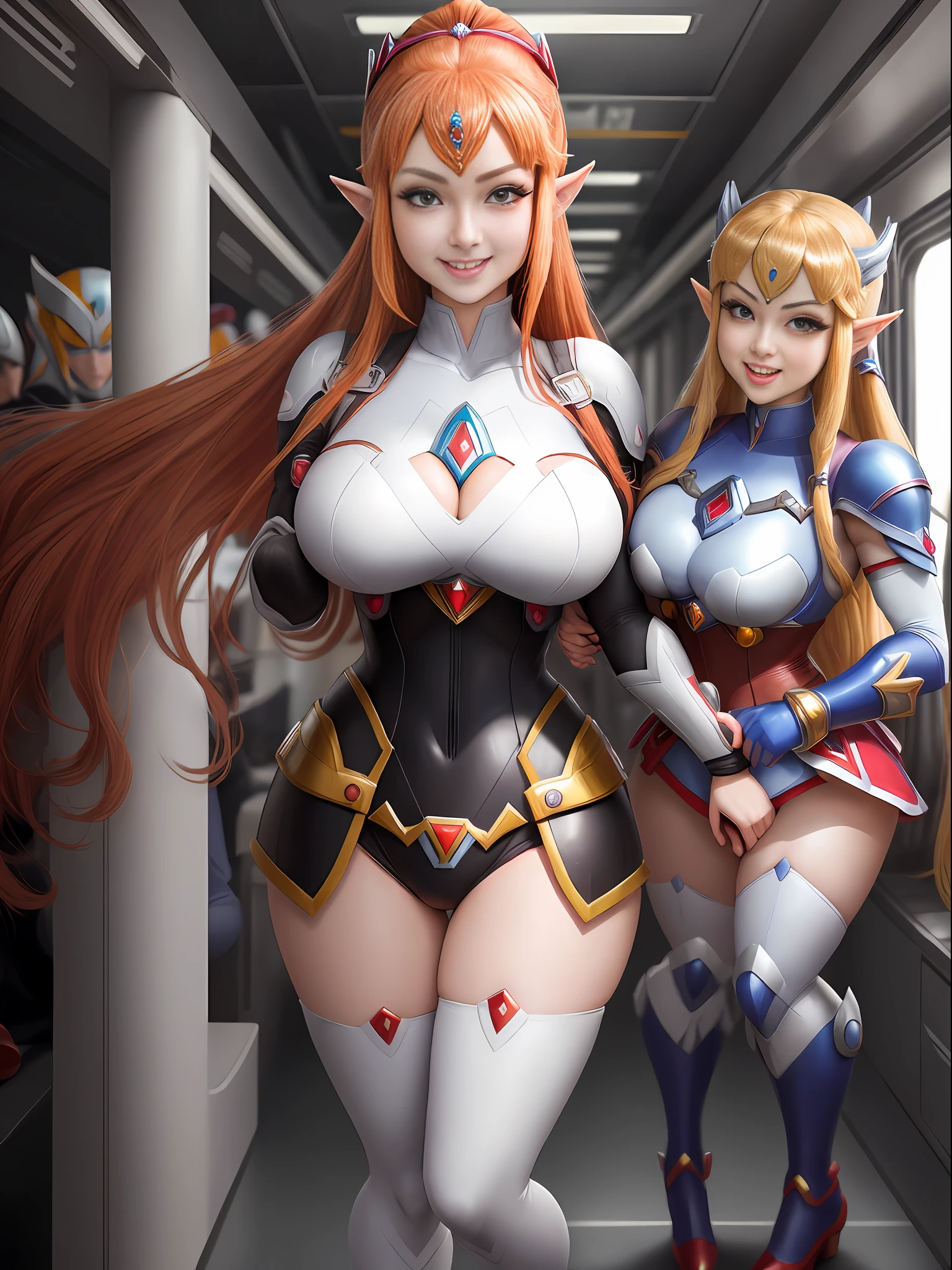Full Body Image, Anime Style, Mortal Kombat, Max Quality, Max Resolution, Max Sharpness. Full body image, ((Princess Zelda: Ultraman: Mega Man-X and several men around her)) inside a bus, She has huge breasts, red hair, light brown eyes, her clothes and has a black shirt with white shot and white corset. They are groping her in different ways. She is happy giving a beautiful smile and showing off.