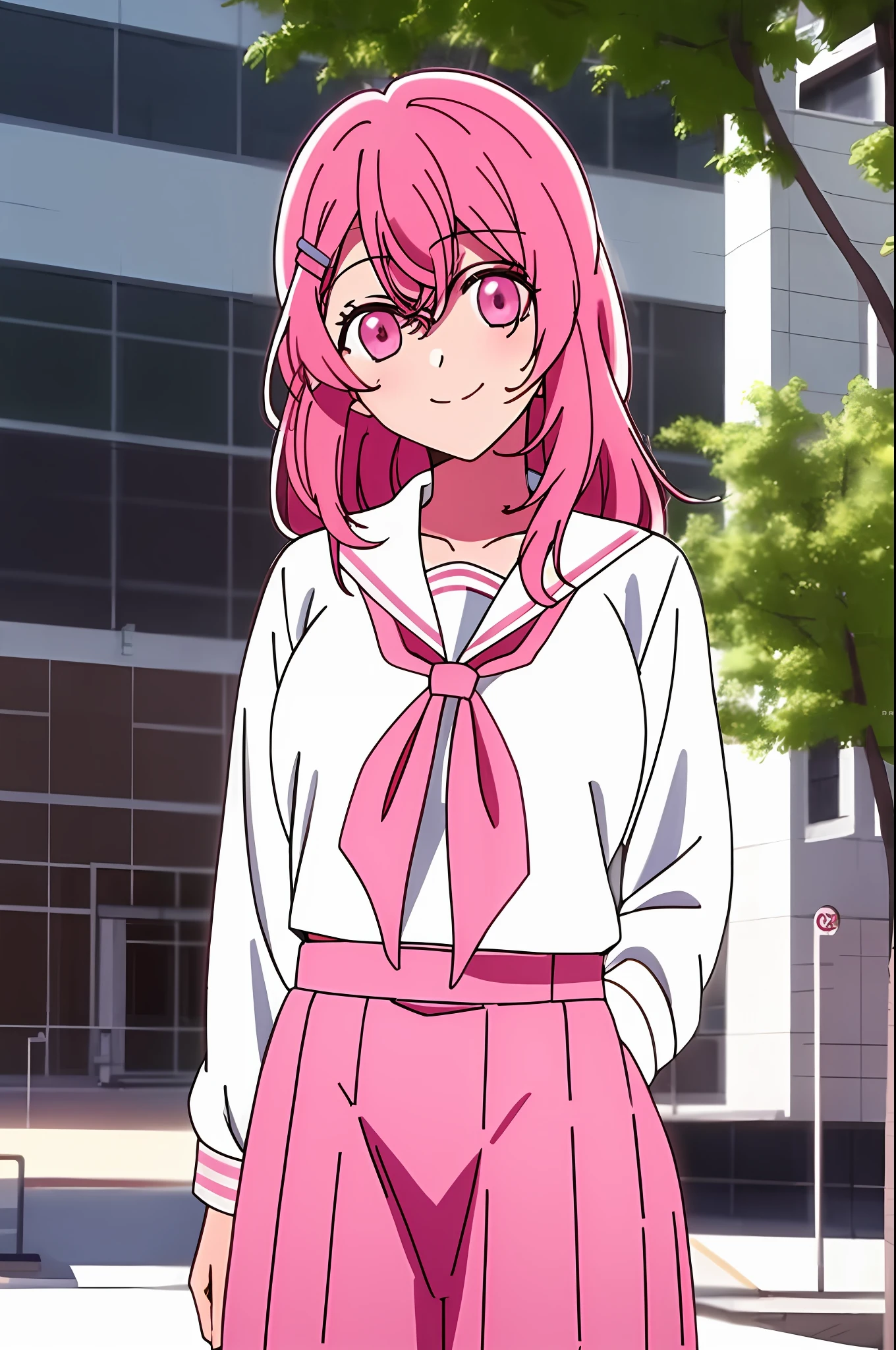 masterpiece, best quality, 1girl, kotobuki_minami, pink_eyes, closed_mouth, collarbone, school_uniform, looking_at_viewer, neckerchief, outdoors, sailor_collar, school_uniform, serafuku, smile, solo, upper_body