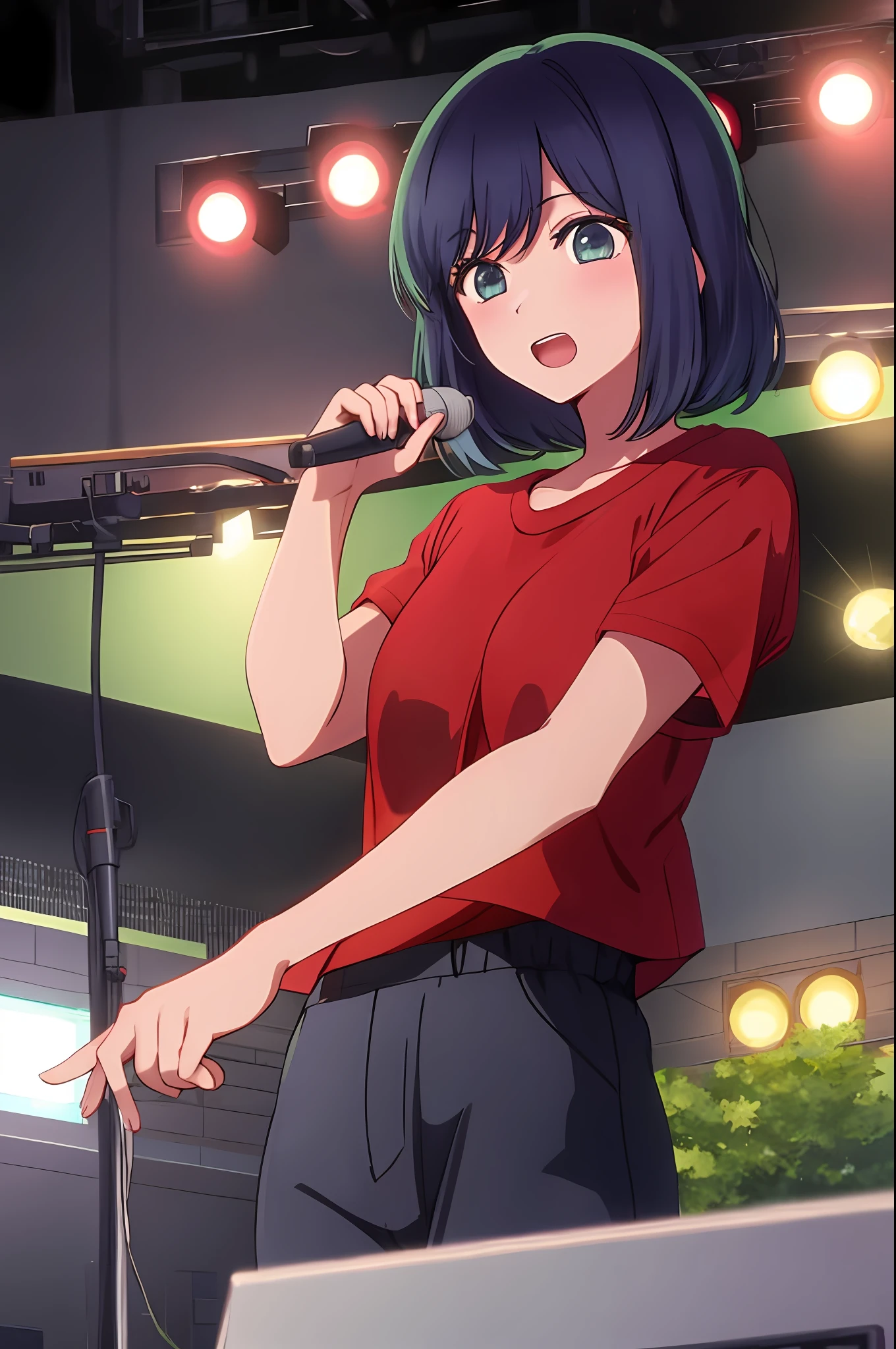 masterpiece, best quality, kurokawa_akane, 1girl, solo, open_mouth, shirt, collarbone, upper_body, short_sleeves, teeth, hand_on_own_chest, t-shirt, red_shirt, stage, concert